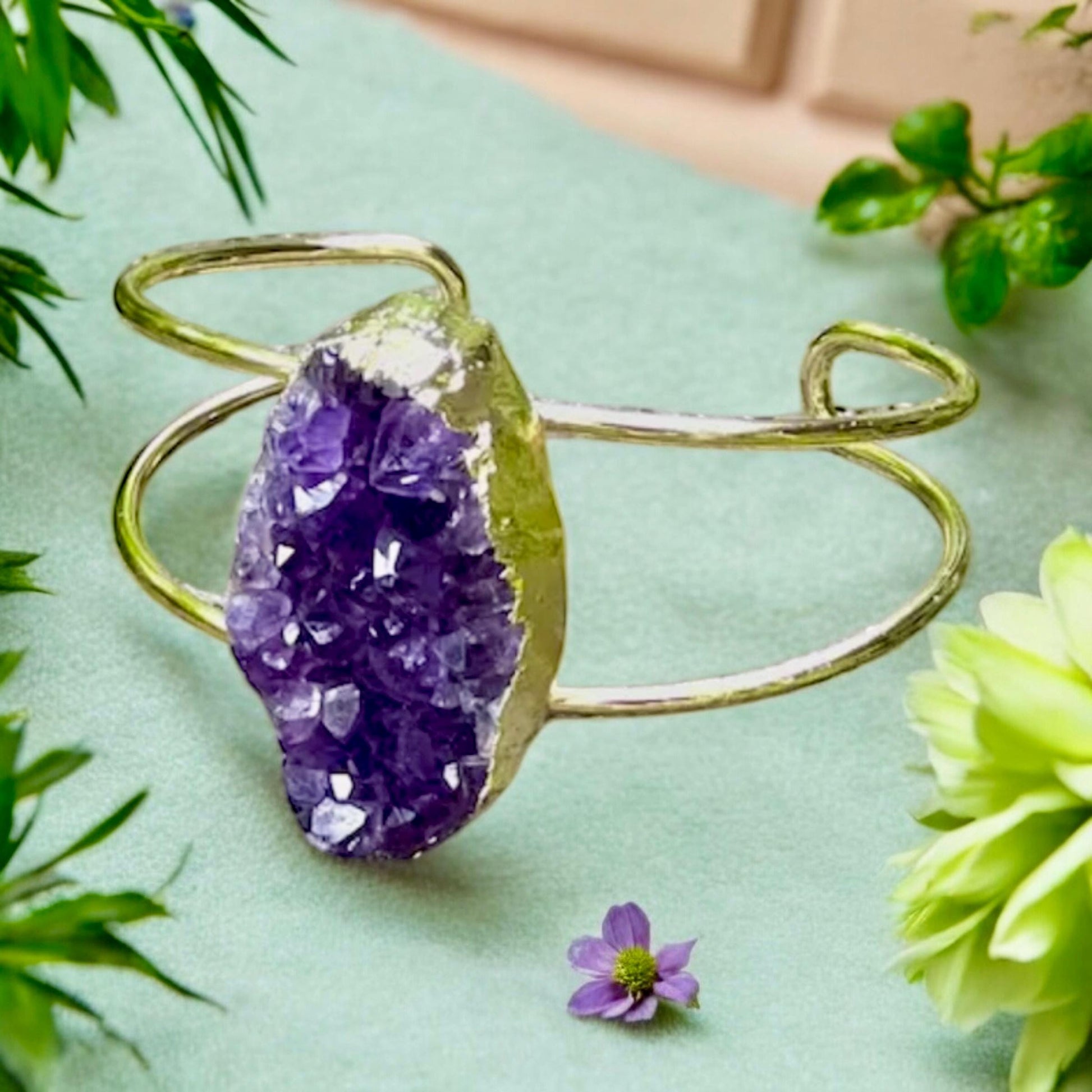 Amethyst Druzy Cuff Bangle: Crystal Healing Bangle. Handmade Gold Plated