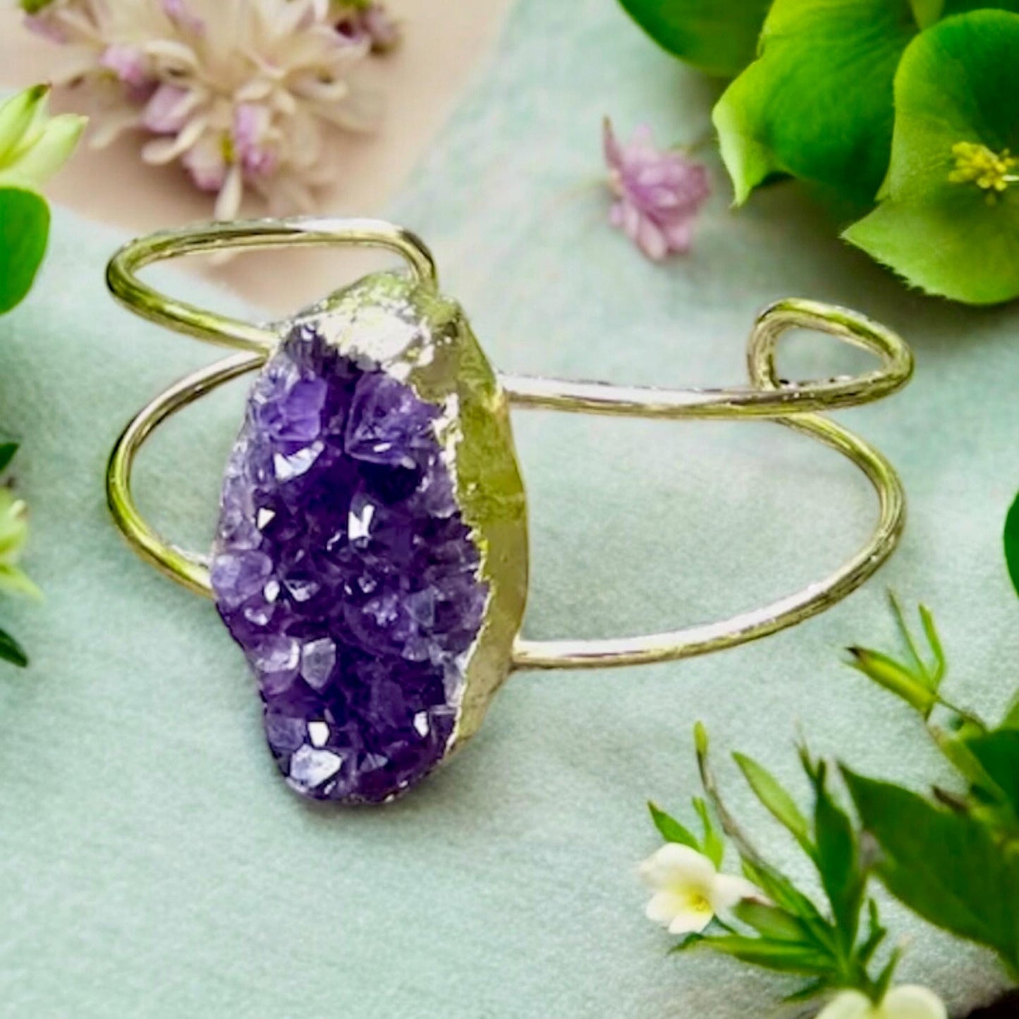 Handmade Gold Plated Amethyst Druzy Cuff Bangle: Crystal Healing Jewelry