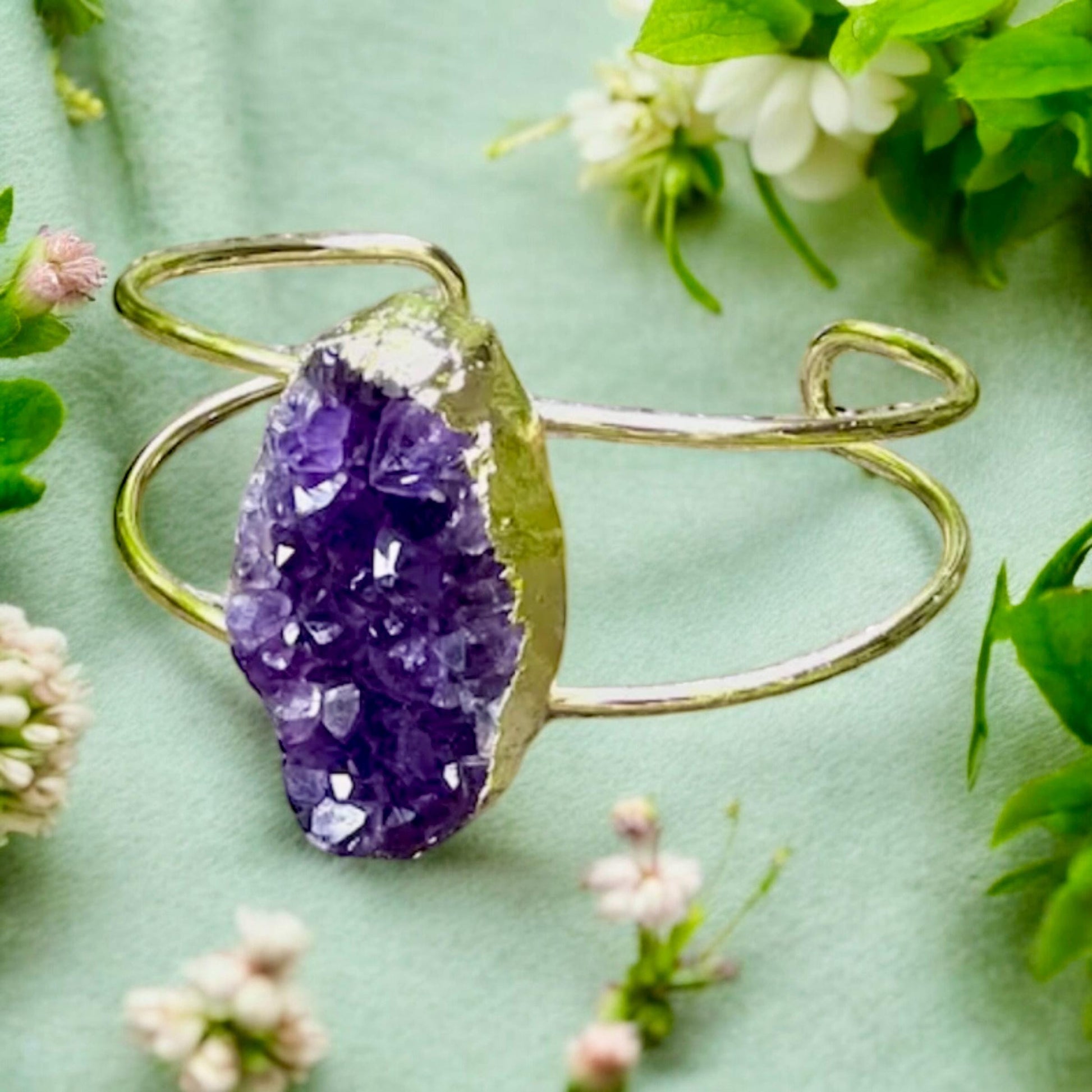 Handmade Gold Plated Amethyst Druzy Cuff Bangle: Crystal Healing Jewelry