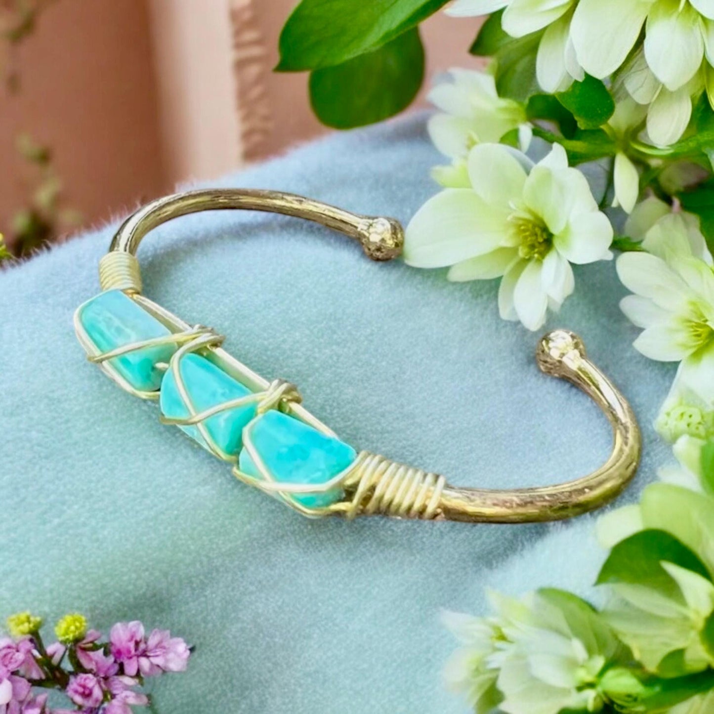 Handmade Gold Plated Amazonite Cuff Bangle: Crystal Bracelet