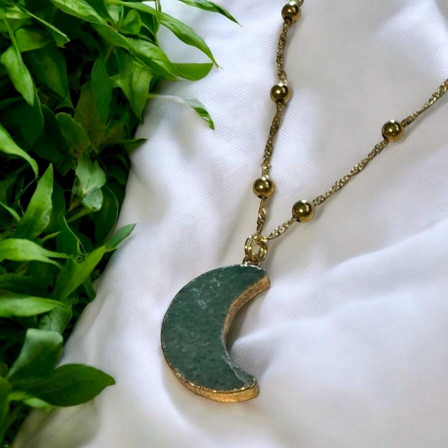 Green Aventurine Crescent Moon Pendant: Gold-Plated Healing Crystal Necklace