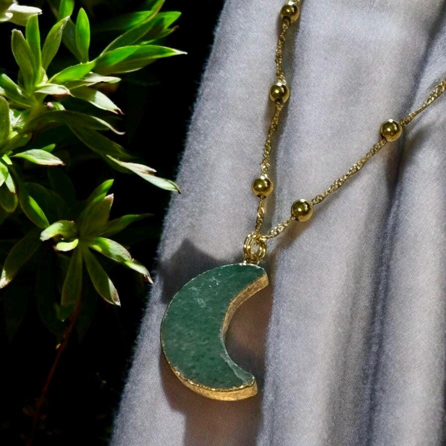 Green Aventurine Crescent Moon Pendant: Gold-Plated Healing Crystal Necklace