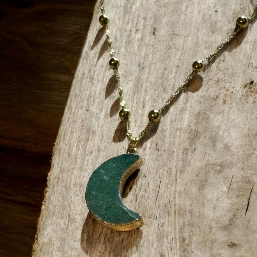 Green Aventurine Crescent Moon Pendant: Gold-Plated Healing Crystal Necklace