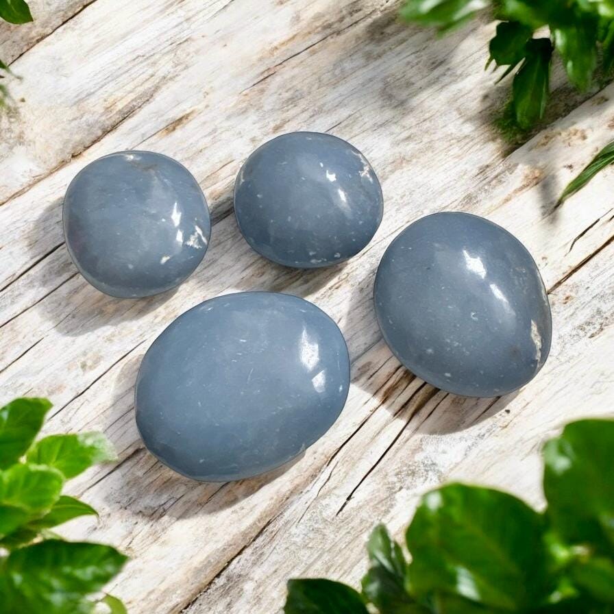 Angelite Crystal Palm Stone: Polished Blue Anhydrite, Spiritual Stone