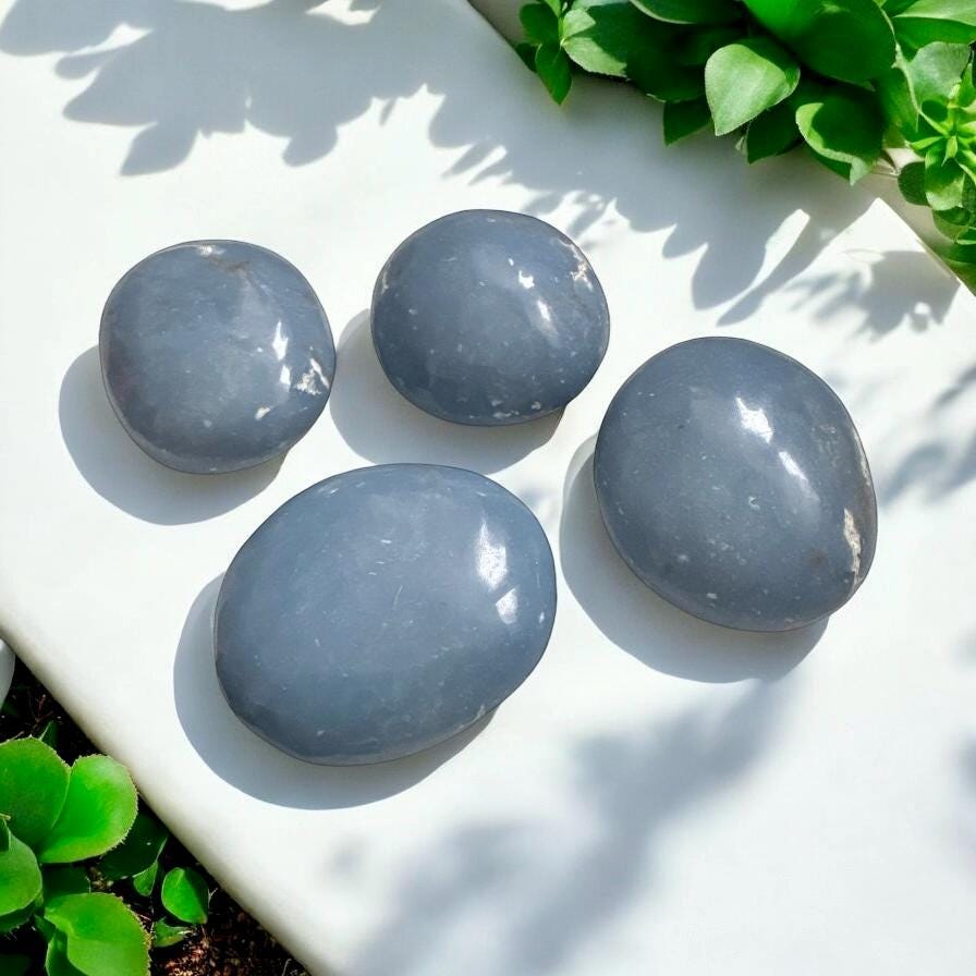 Angelite Crystal Palm Stone: Polished Blue Anhydrite, Spiritual Stone