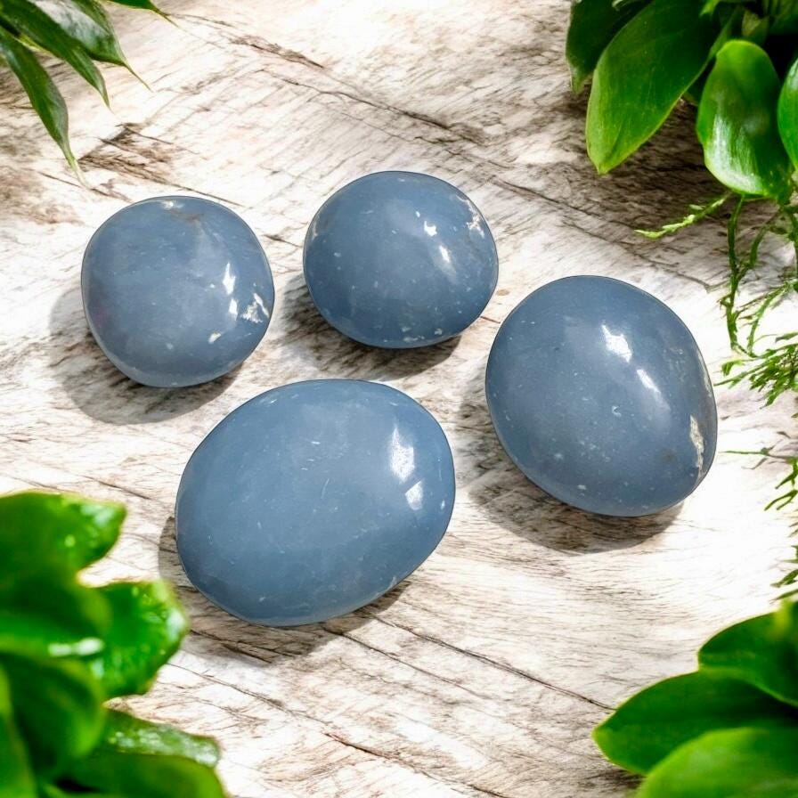 Angelite Crystal Palm Stone: Polished Blue Anhydrite, Spiritual Stone
