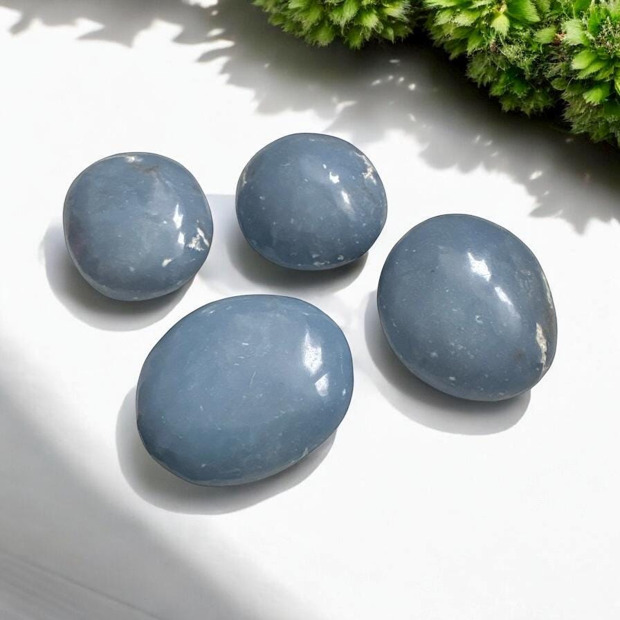 Angelite Crystal Palm Stone: Polished Blue Anhydrite, Spiritual Stone