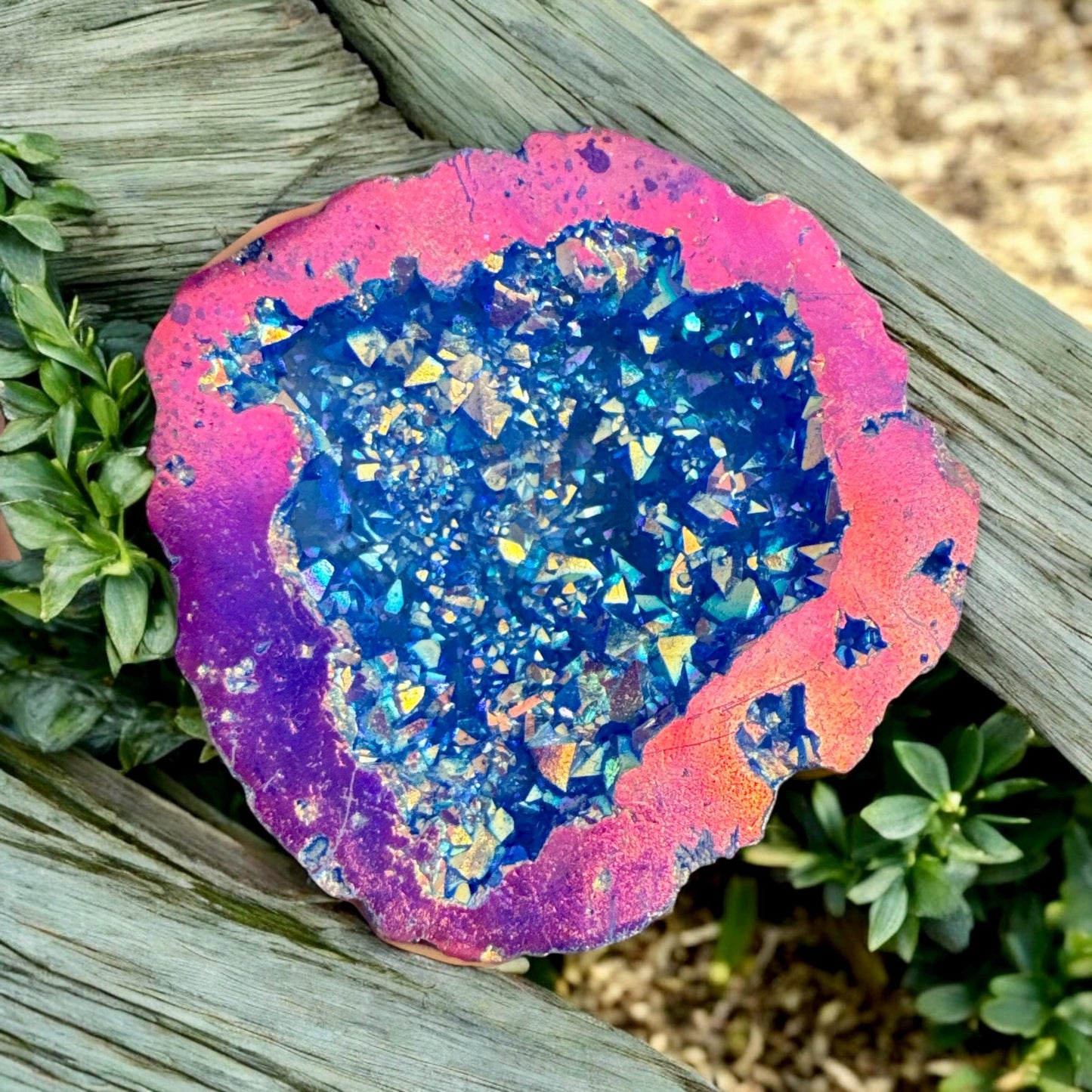 Midnight Blue and Pink Aura Geode: Midnight Sparkle Crystal, Gift Boxed