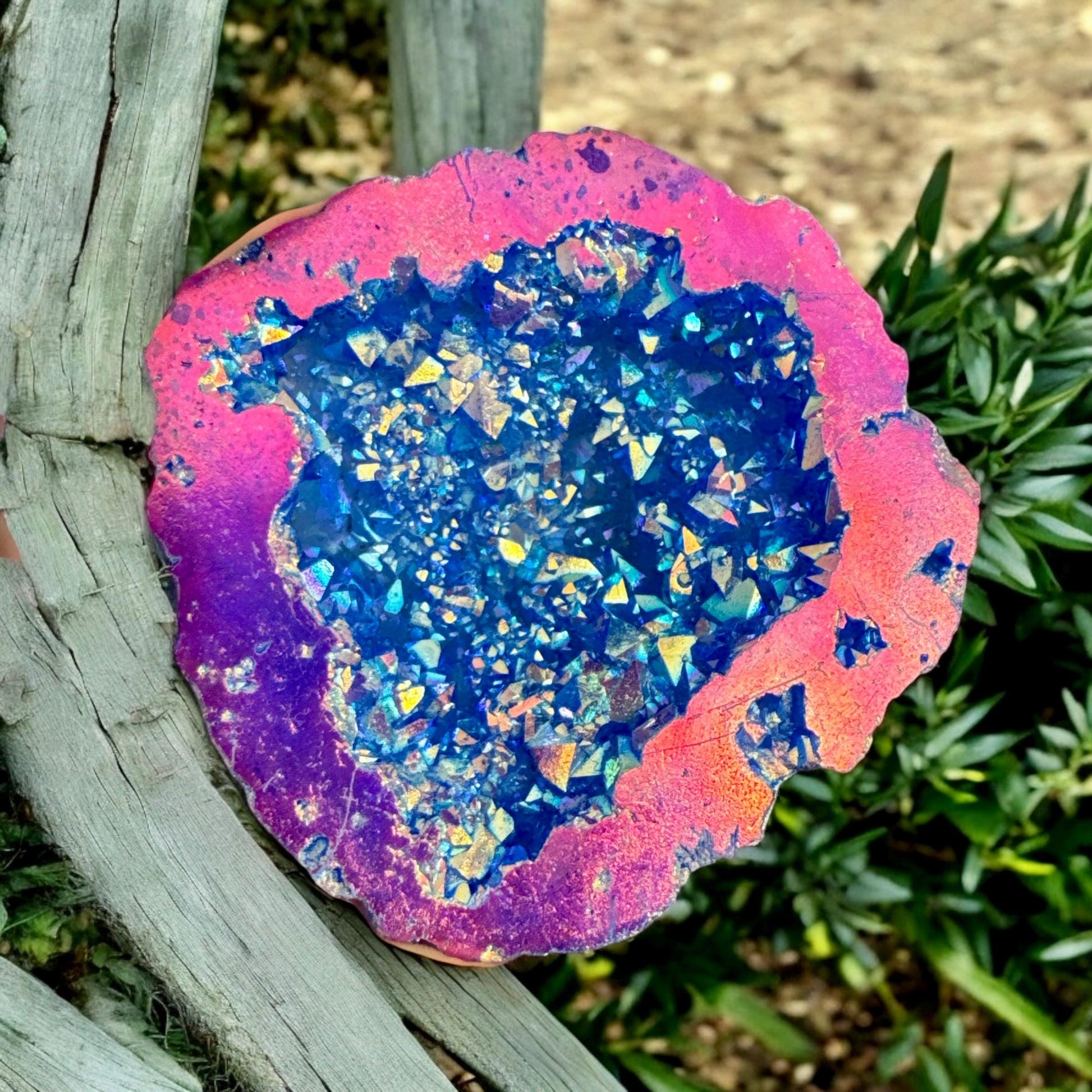Midnight Blue and Pink Aura Geode: Midnight Sparkle Crystal, Gift Boxed