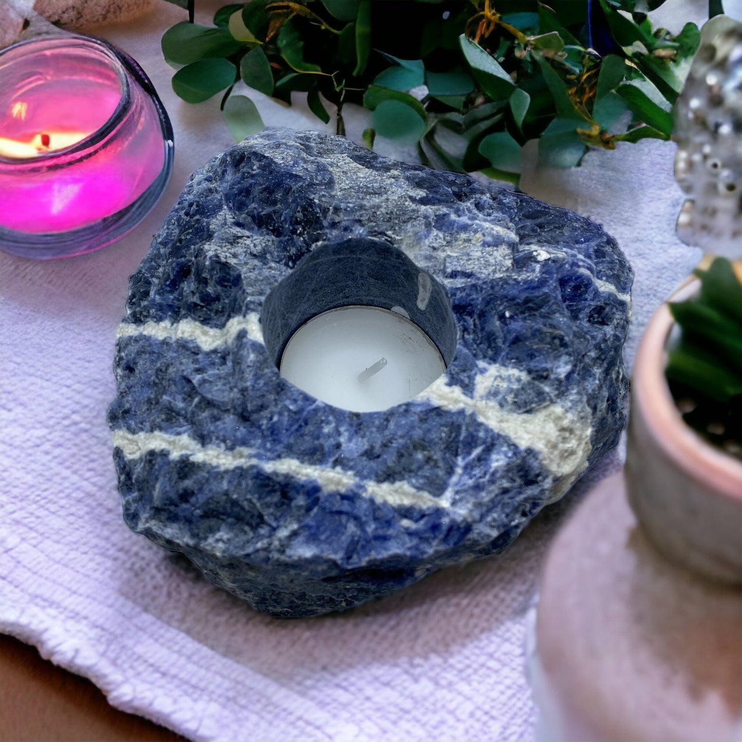 Raw Sodalite Crystal Candle Holder: Tranquility & Cosmic Energy