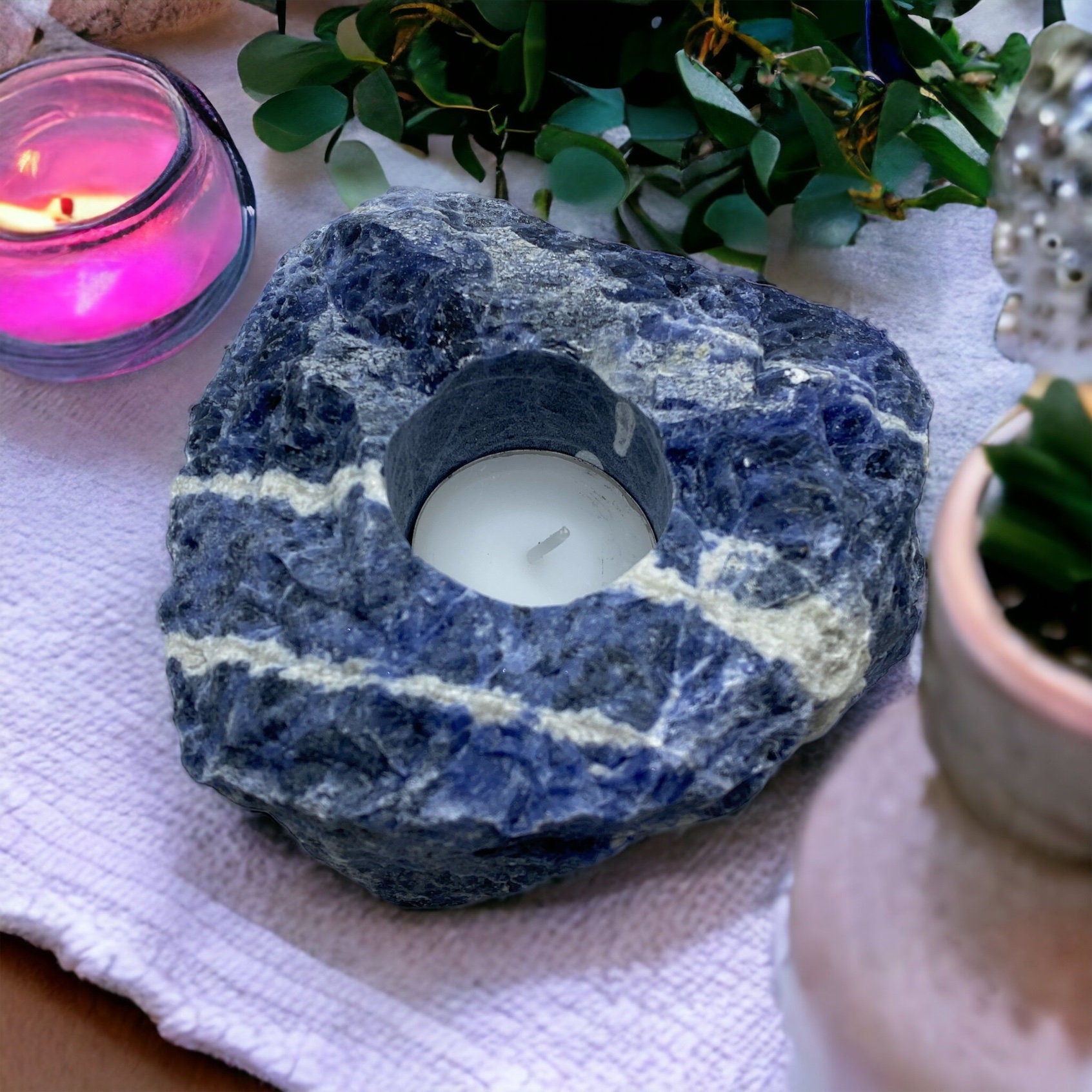 Raw Sodalite Crystal Candle Holder: Tranquility & Cosmic Energy