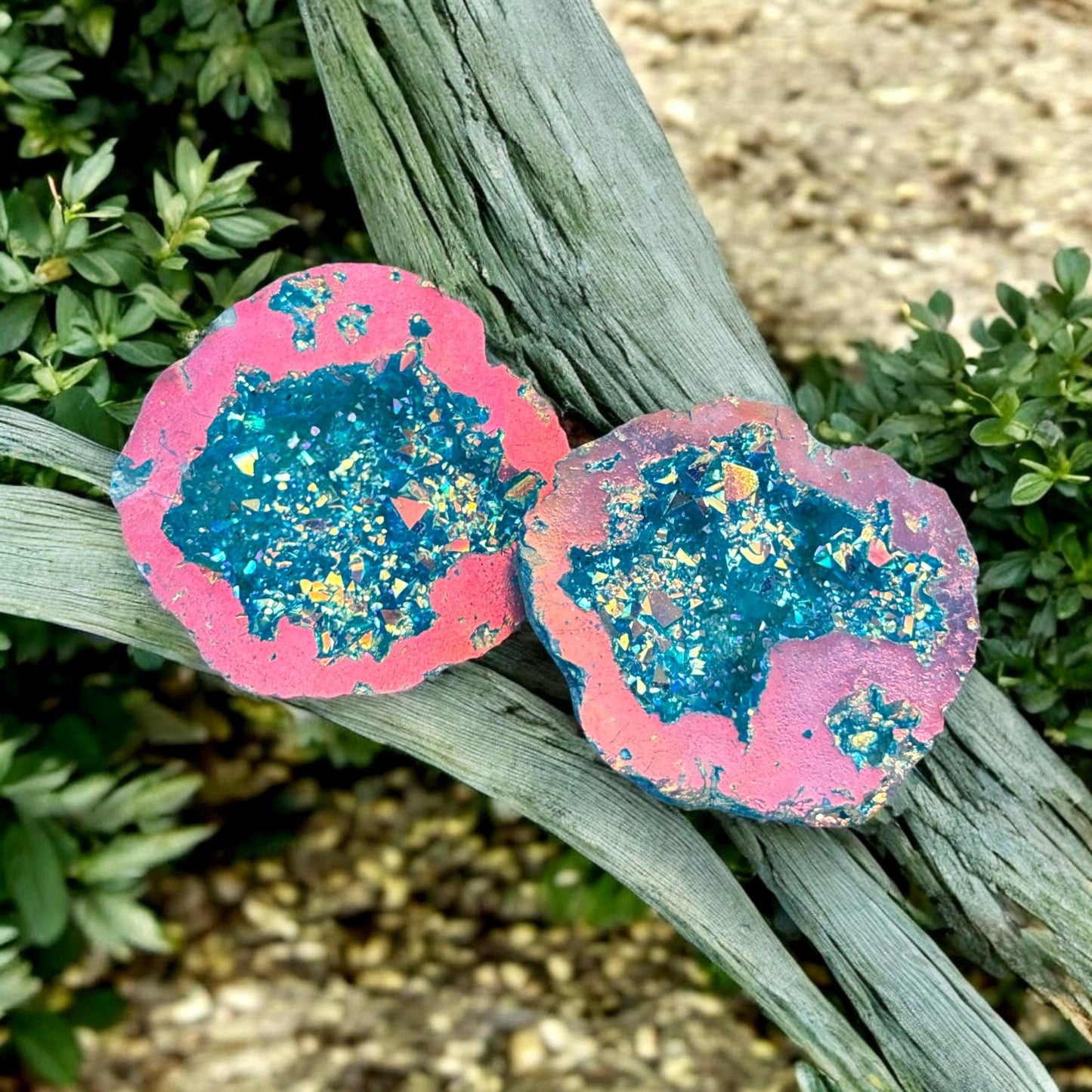 Aqua Aura and Pink Aura Quartz Geode: Northern Lights Crystal Gift