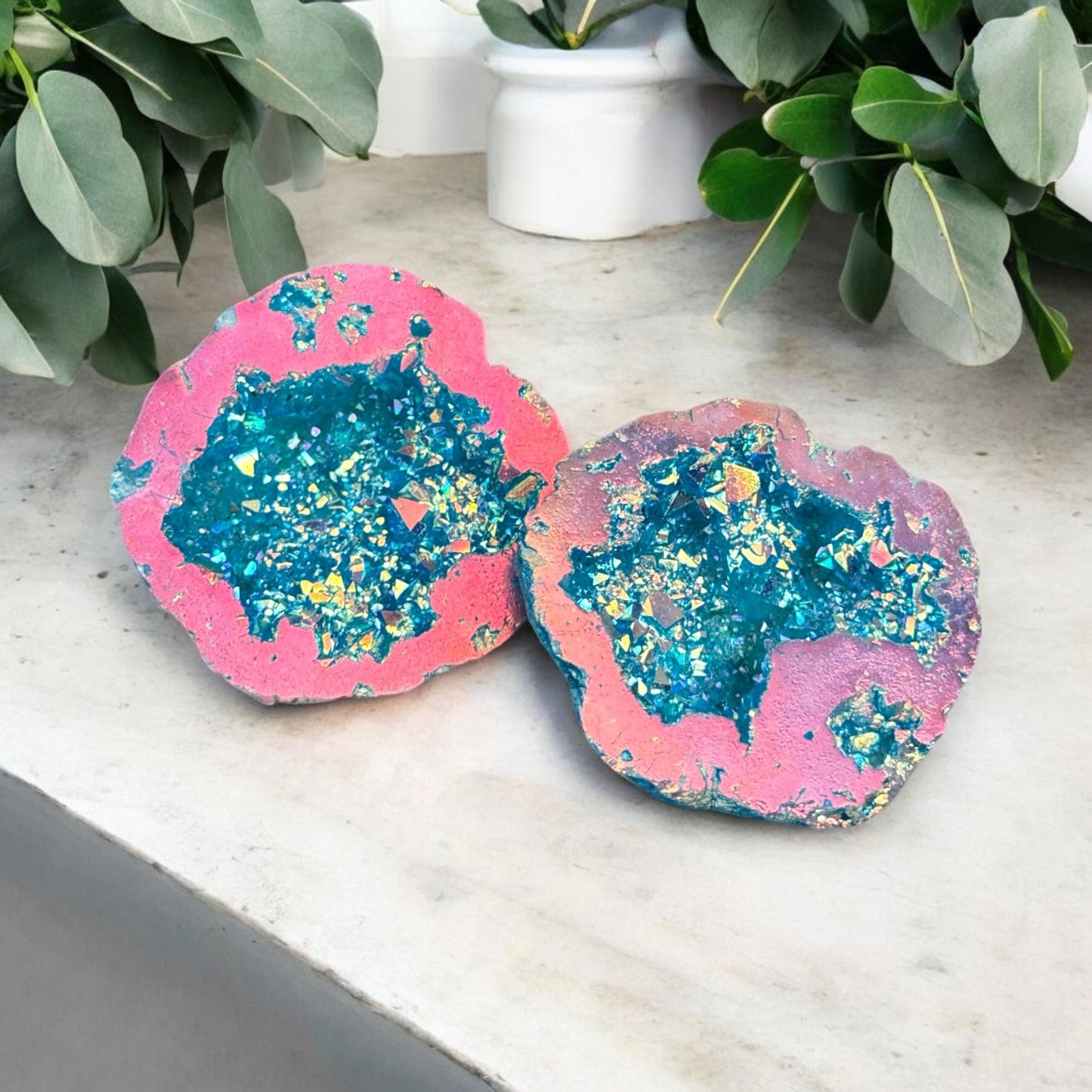 Aqua Aura and Pink Aura Quartz Geode: Northern Lights Crystal Gift