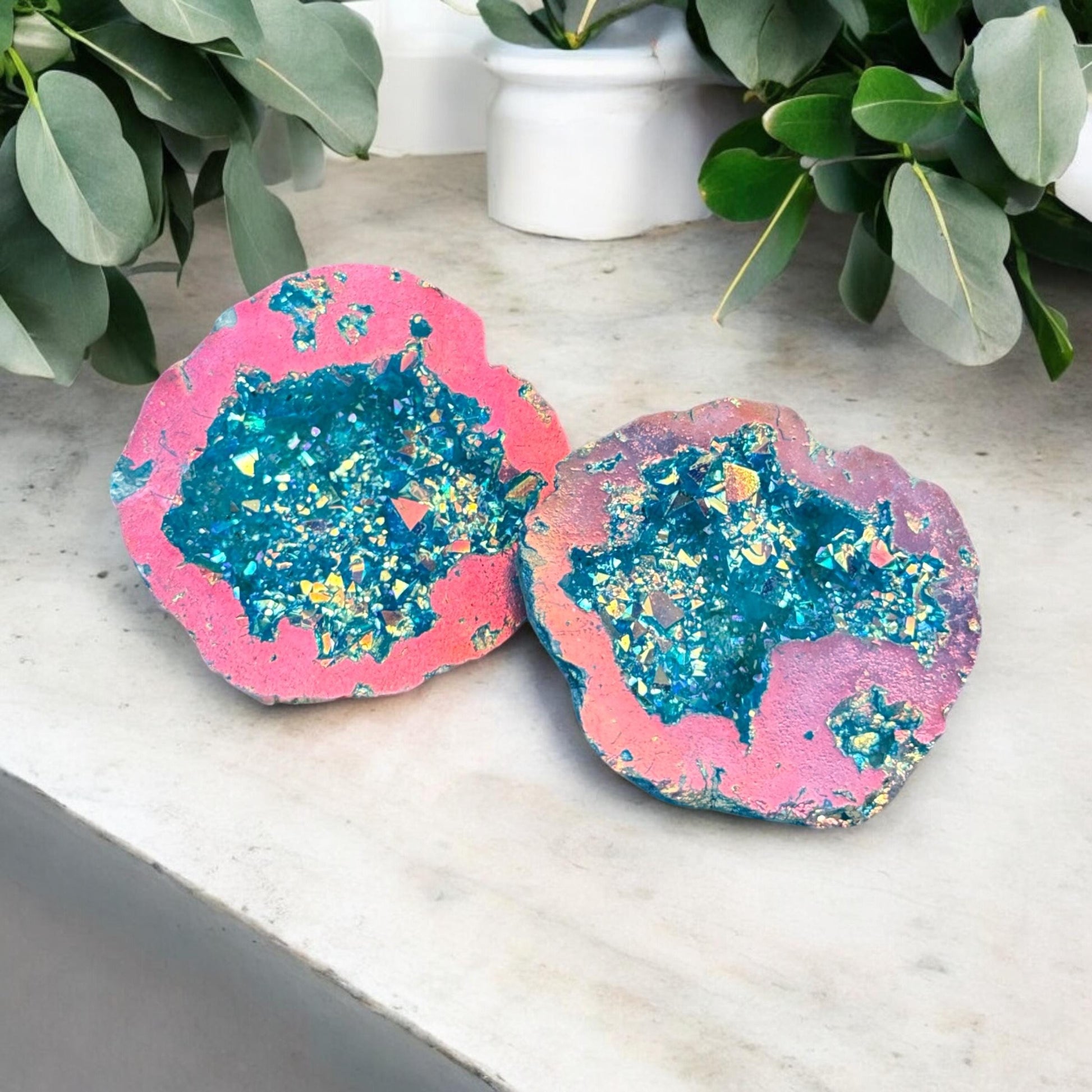 Aqua Aura and Pink Aura Quartz Geode: Northern Lights Crystal Gift