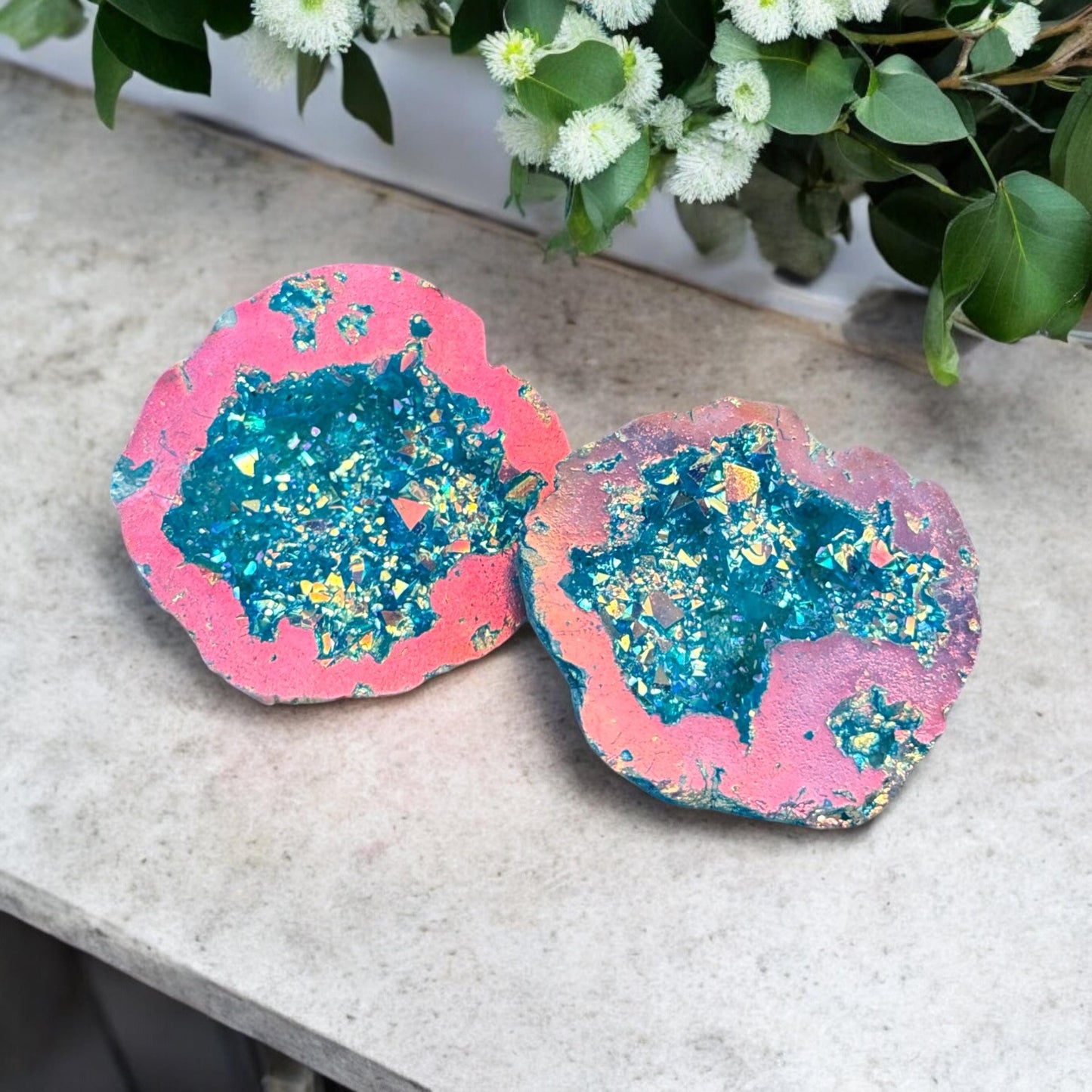 Aqua Aura and Pink Aura Quartz Geode: Northern Lights Crystal Gift