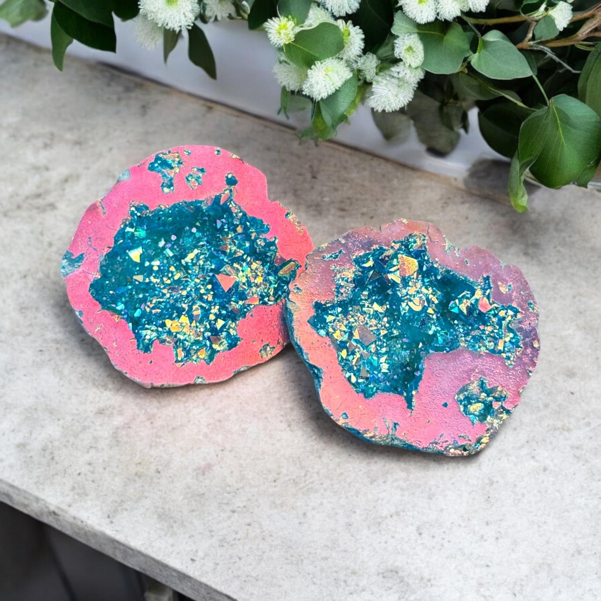 Aqua Aura and Pink Aura Quartz Geode: Northern Lights Crystal Gift