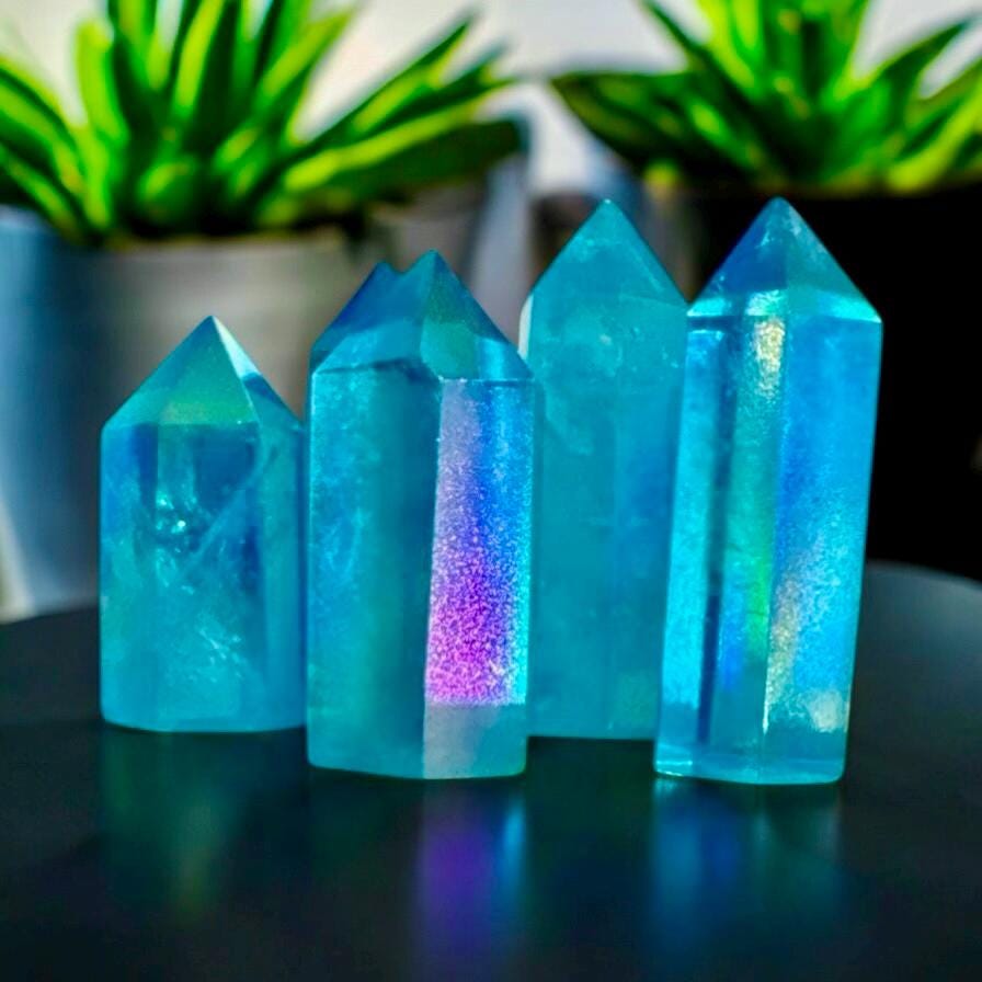 Aqua Aura Quartz Crystal Point: Spiritual Healing Obelisk