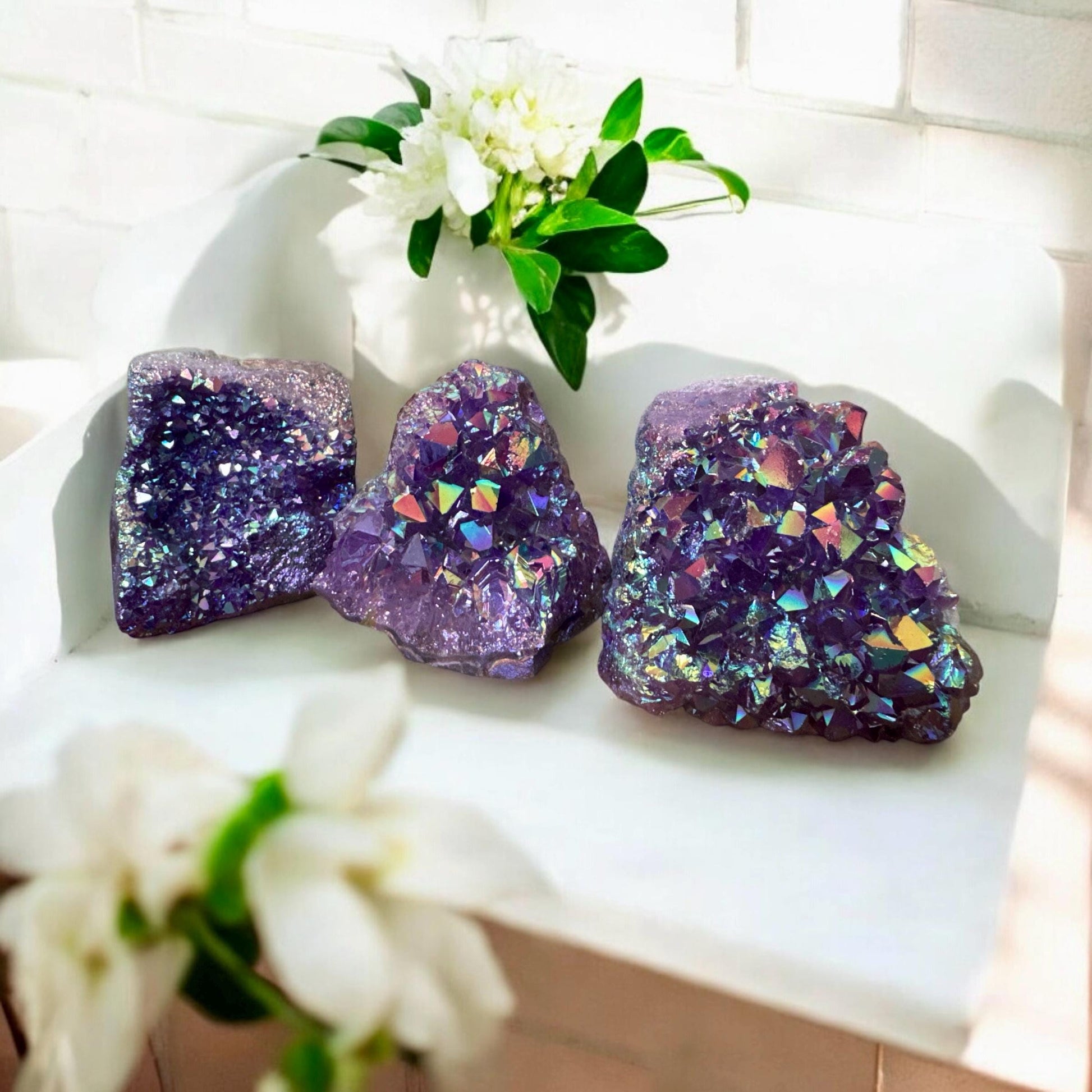 Purple Galaxy Aura Amethyst Cluster: Cosmic Beauty Cut Base