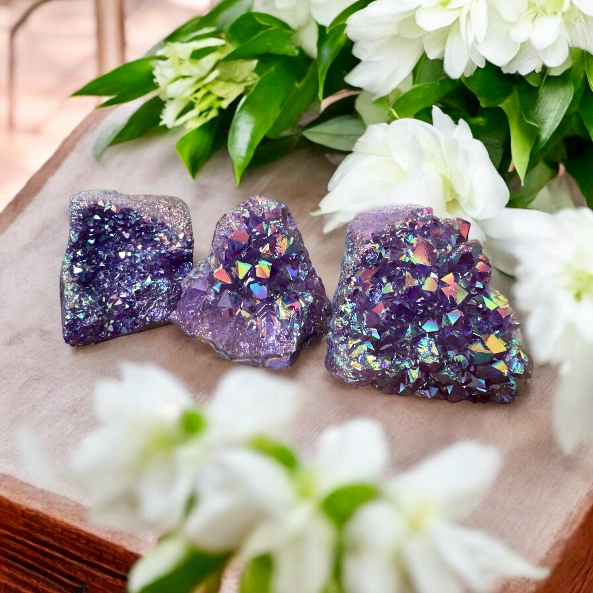 Purple Galaxy Aura Amethyst Cluster: Cosmic Beauty Cut Base