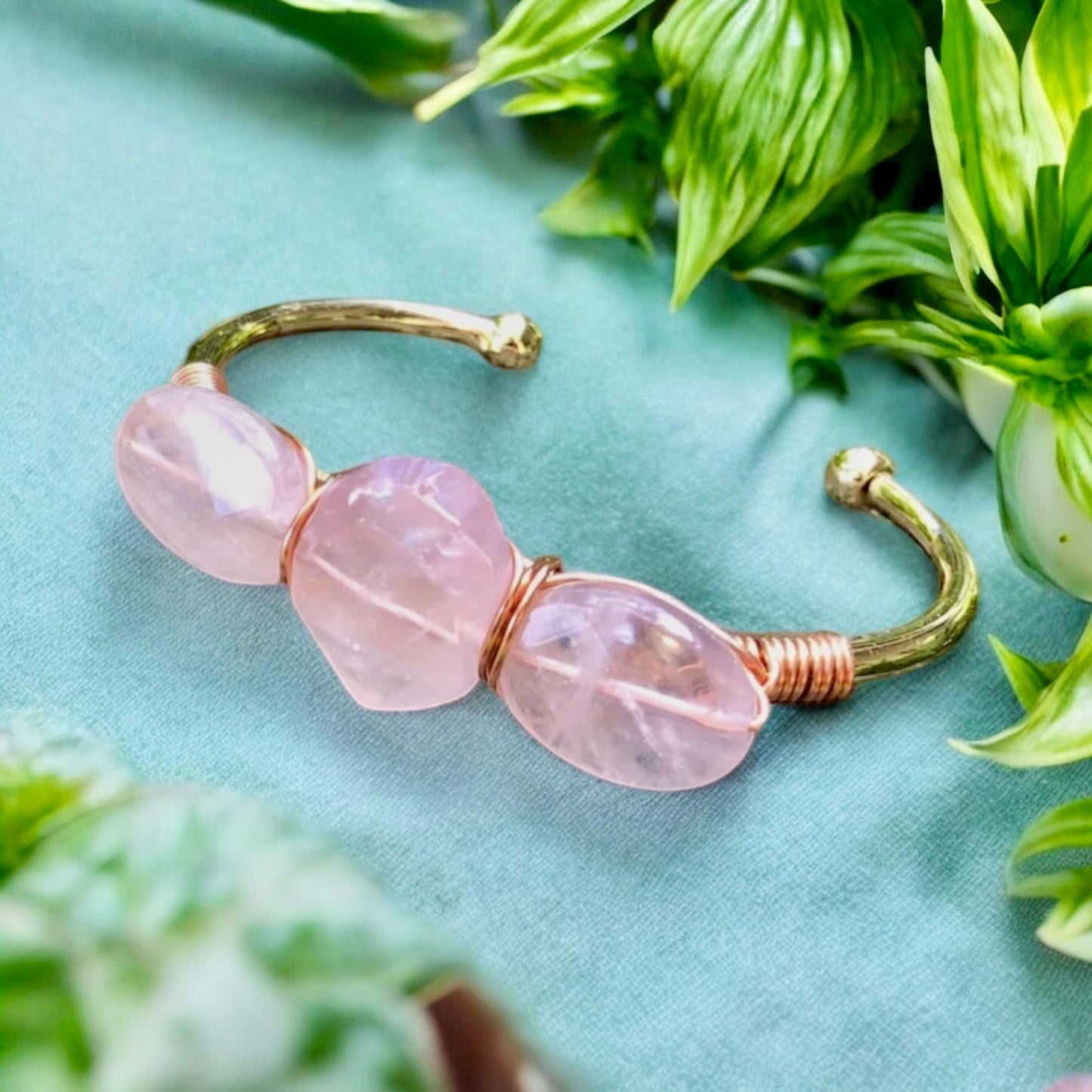 Rose Quartz Three-Stone Cuff Bangle | Handmade Crystal Bracelet | Luna by Louise, Crystal Shop UK