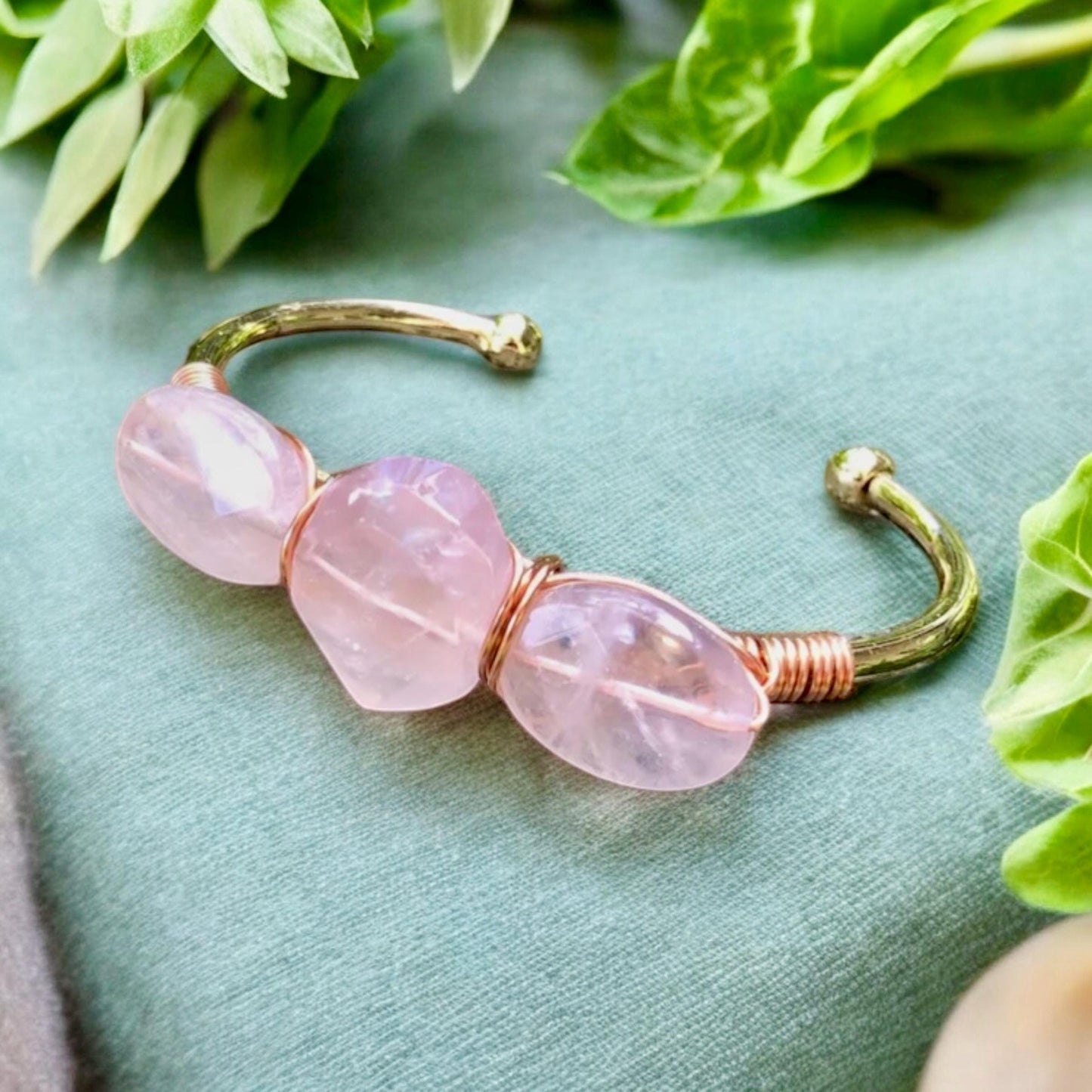 Rose Quartz Three-Stone Cuff Bangle | Handmade Crystal Bracelet | Luna by Louise, Crystal Shop UK