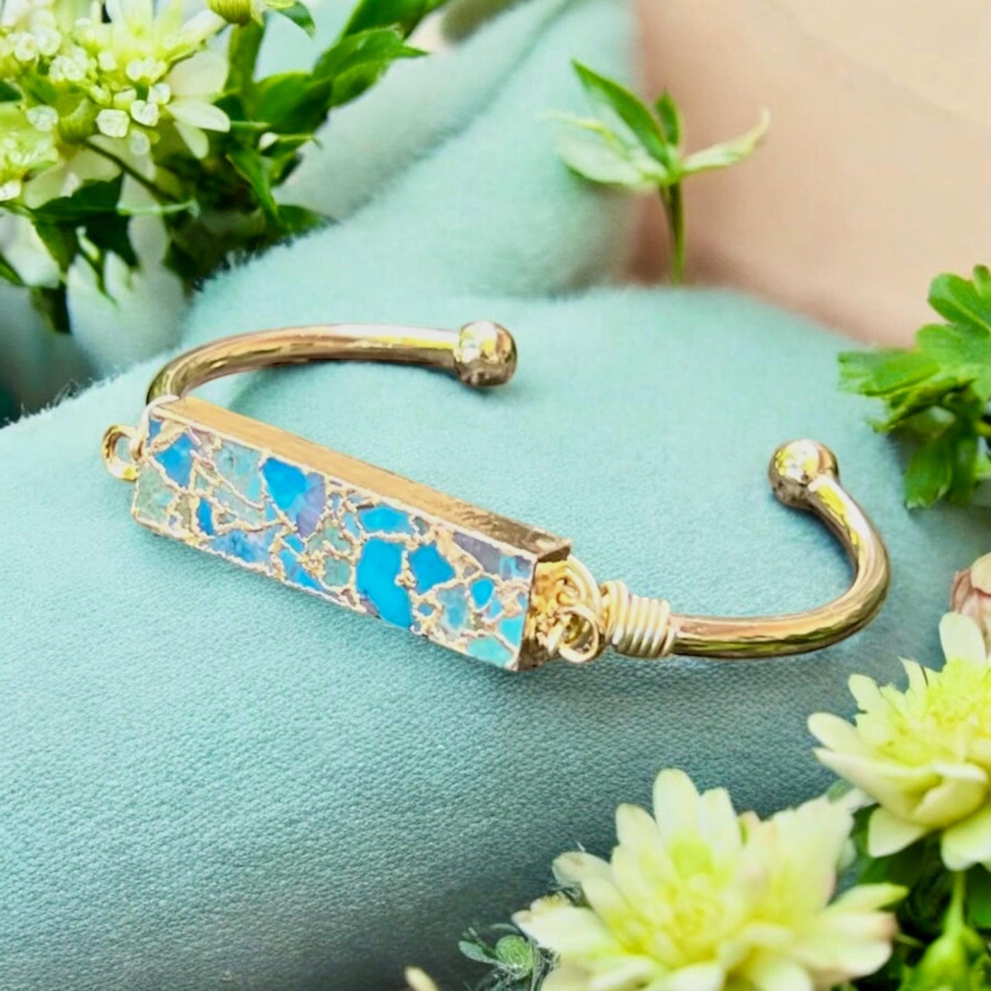 Turquoise Bar Cuff Bangle | Handmade Crystal Bracelet | Luna by Louise, Crystal Shop UK