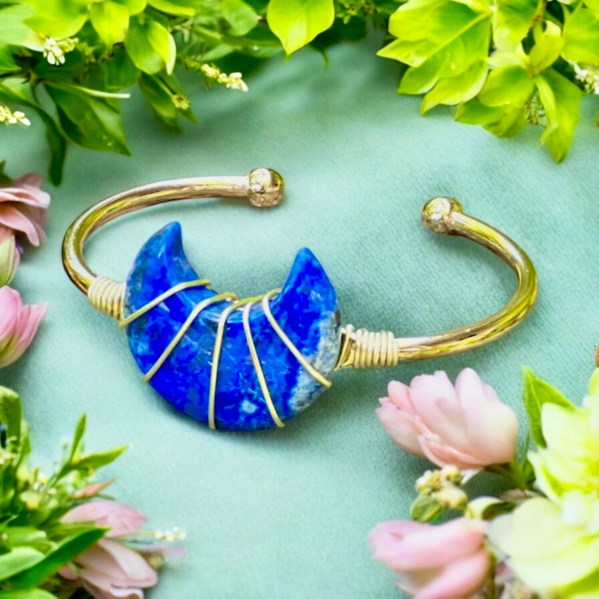 Handmade Lapis Lazuli Moon Bangle: Gold Plated Crystal Cuff