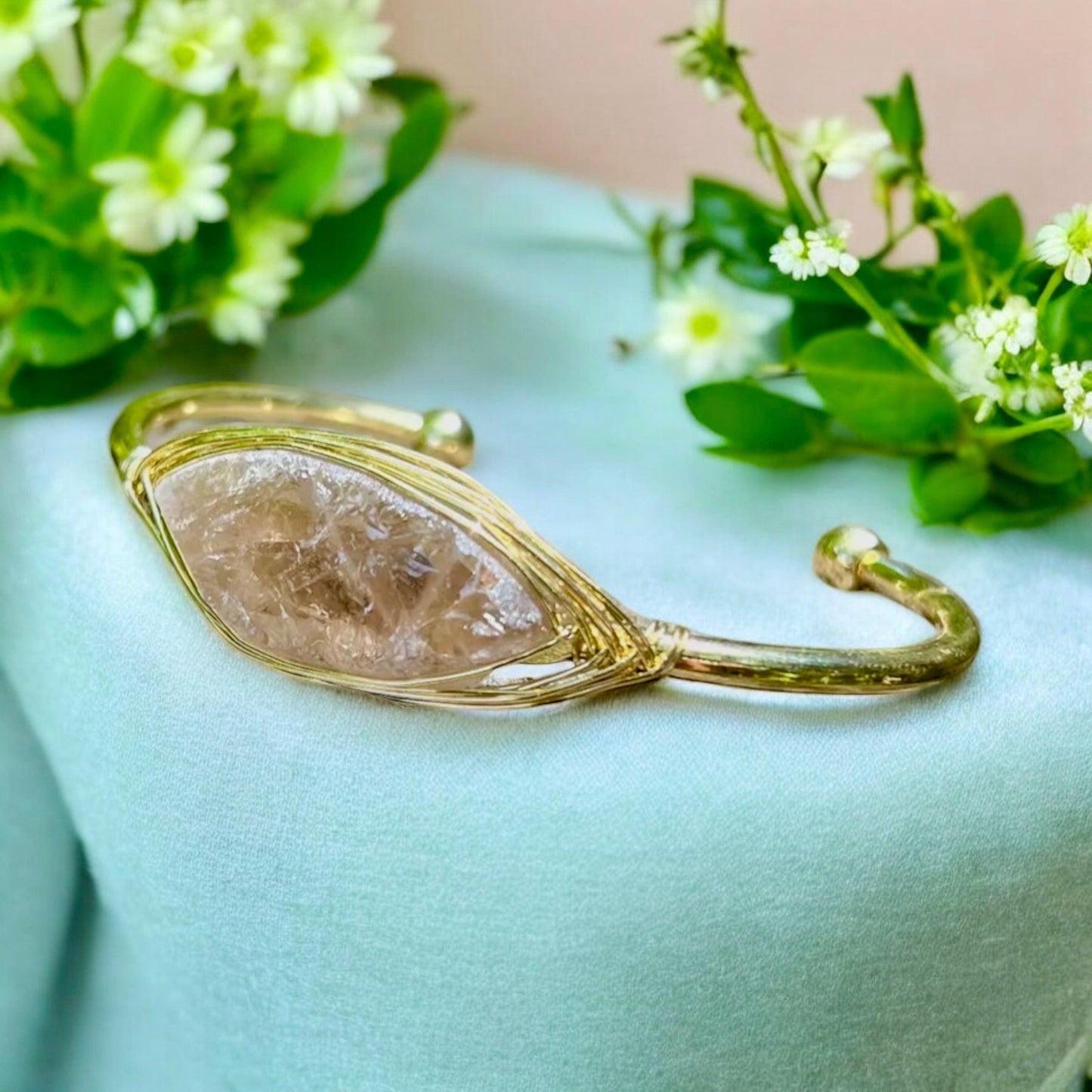 Gold Plated Smokey Quartz Cuff Bangle: Raw Crystal Bracelet