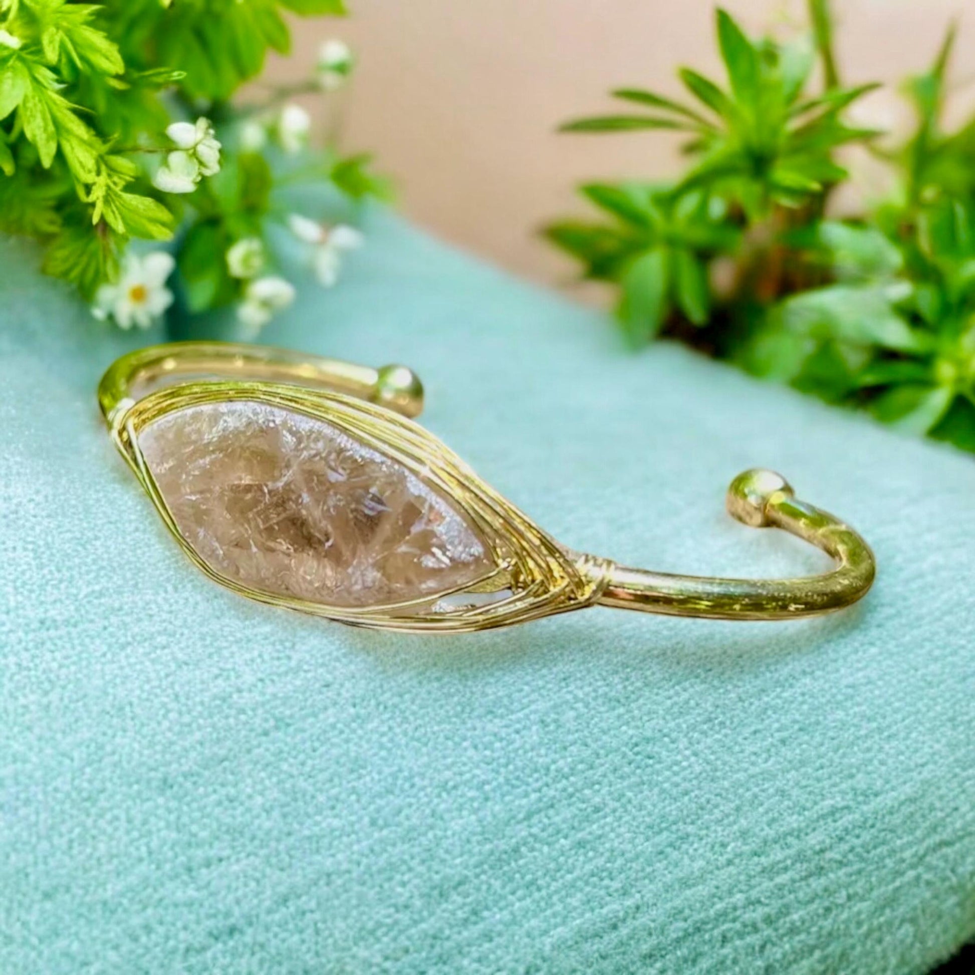 Gold Plated Smokey Quartz Cuff Bangle: Raw Crystal Bracelet