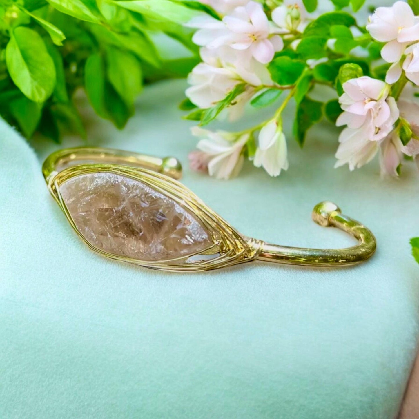 Gold Plated Smokey Quartz Cuff Bangle: Raw Crystal Bracelet