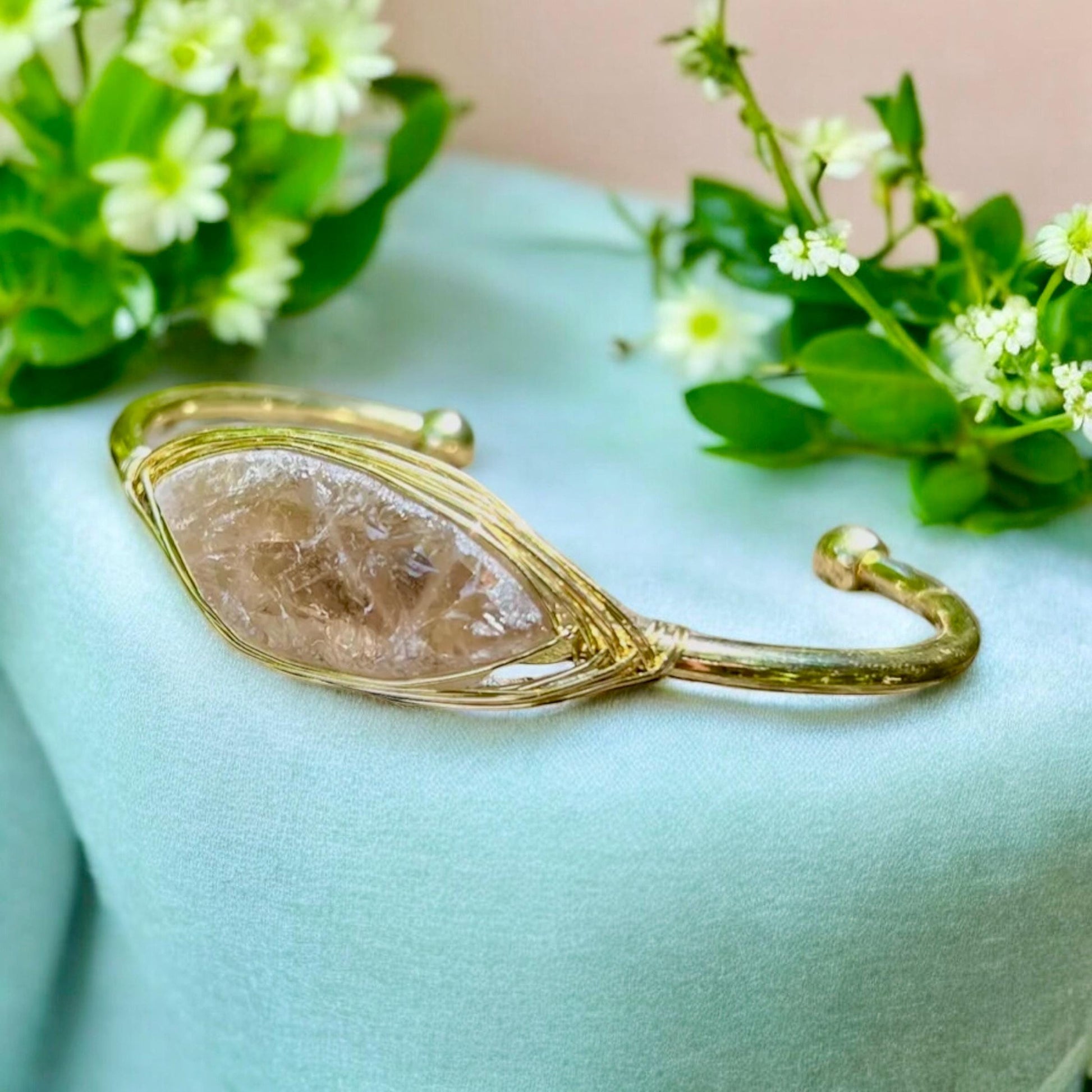 Gold Plated Smokey Quartz Cuff Bangle: Raw Crystal Bracelet