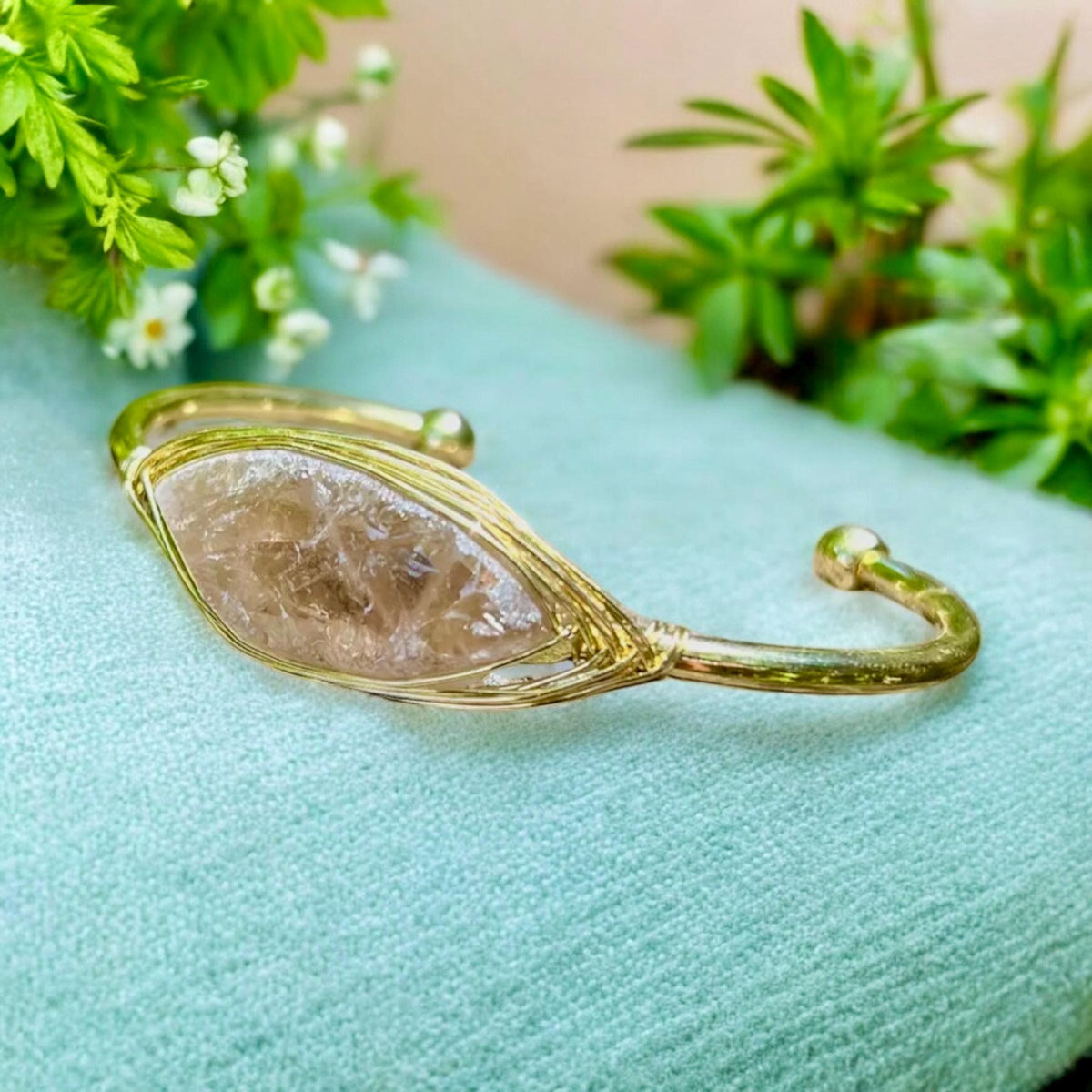 Smokey Quartz Cuff Bangle: Raw Crystal Bracelet. Gold Plated