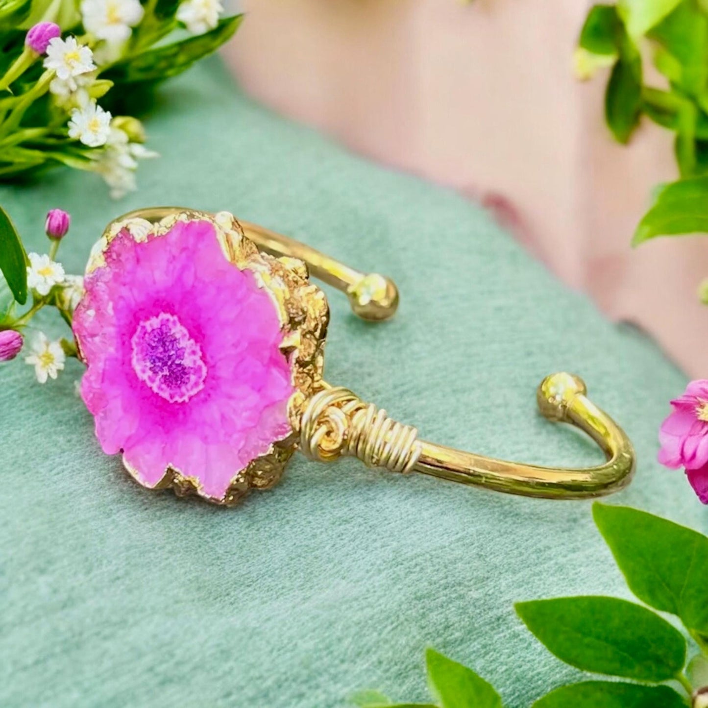 Handmade Pink Agate Cuff Bangle: Gold Plated Crystal Bracelet