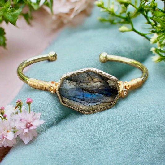 Handmade Gold Plated Labradorite Cuff Bangle: Crystal Healing Jewelry