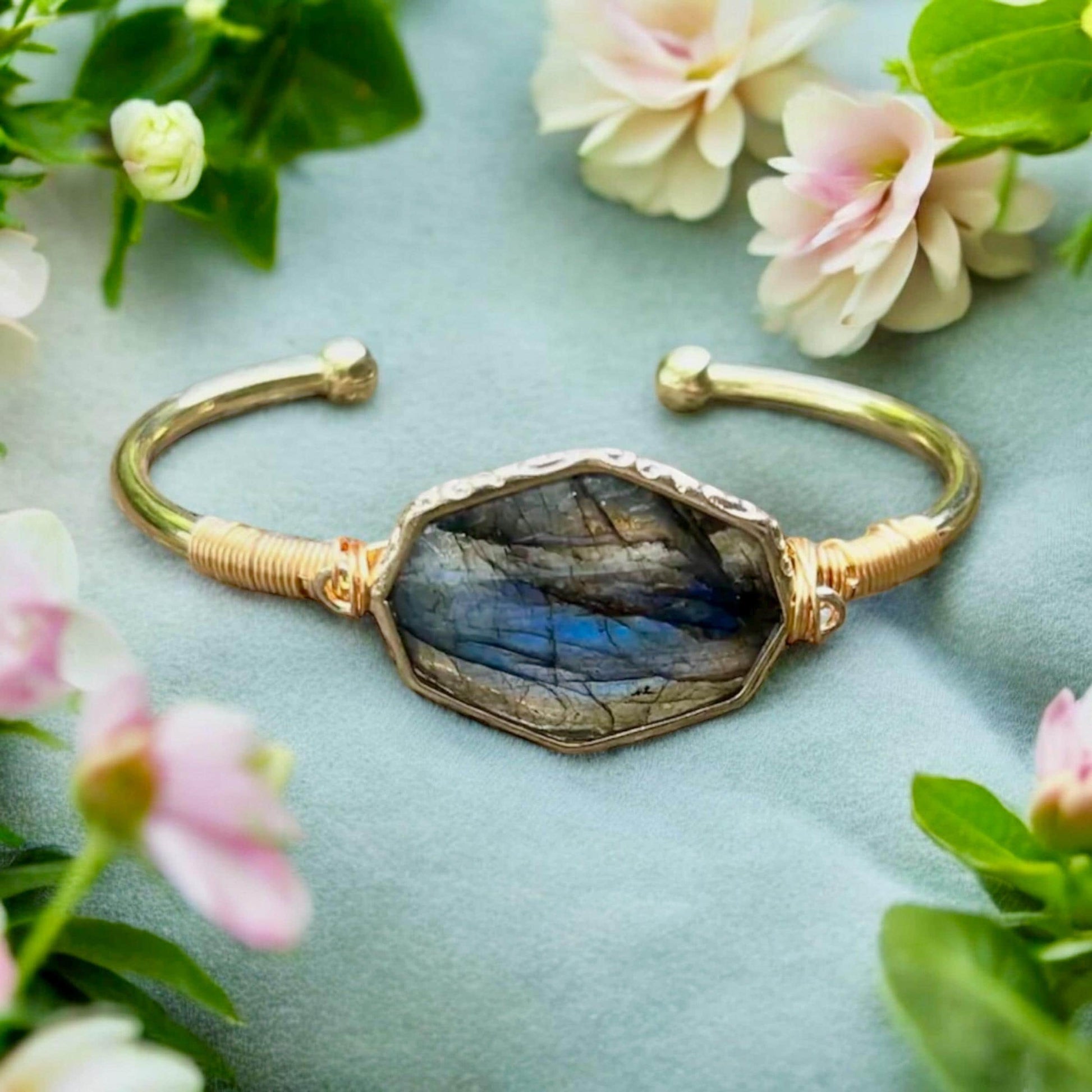 Labradorite Cuff Bangle: Crystal Healing Bangle. Handmade and Gold Plated