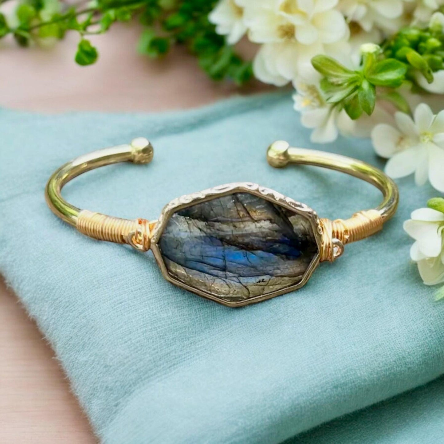 Labradorite Cuff Bangle: Crystal Healing Bangle. Handmade and Gold Plated