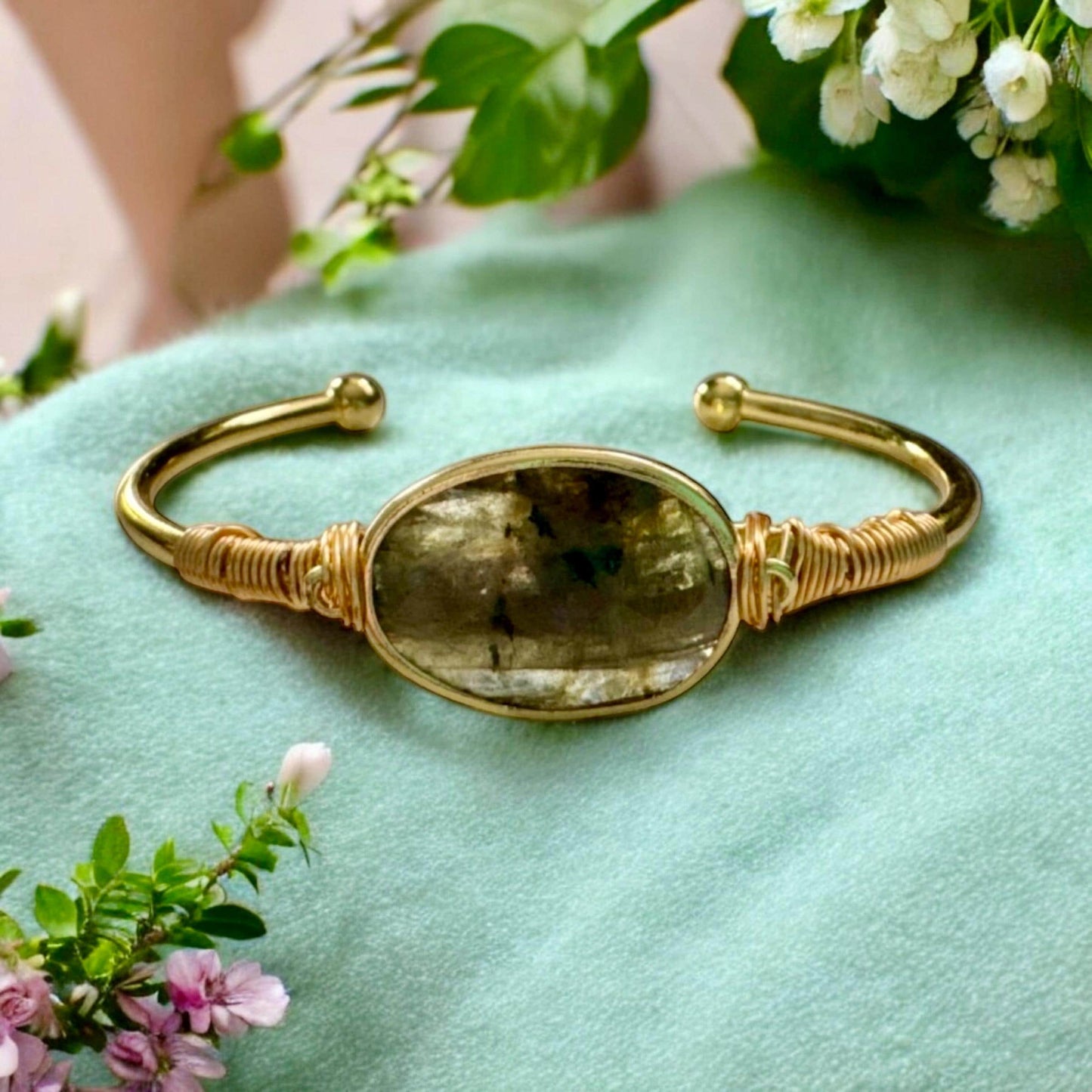 Labradorite Cuff Bangle: Crystal Healing Bangle. Handmade and Gold Plated