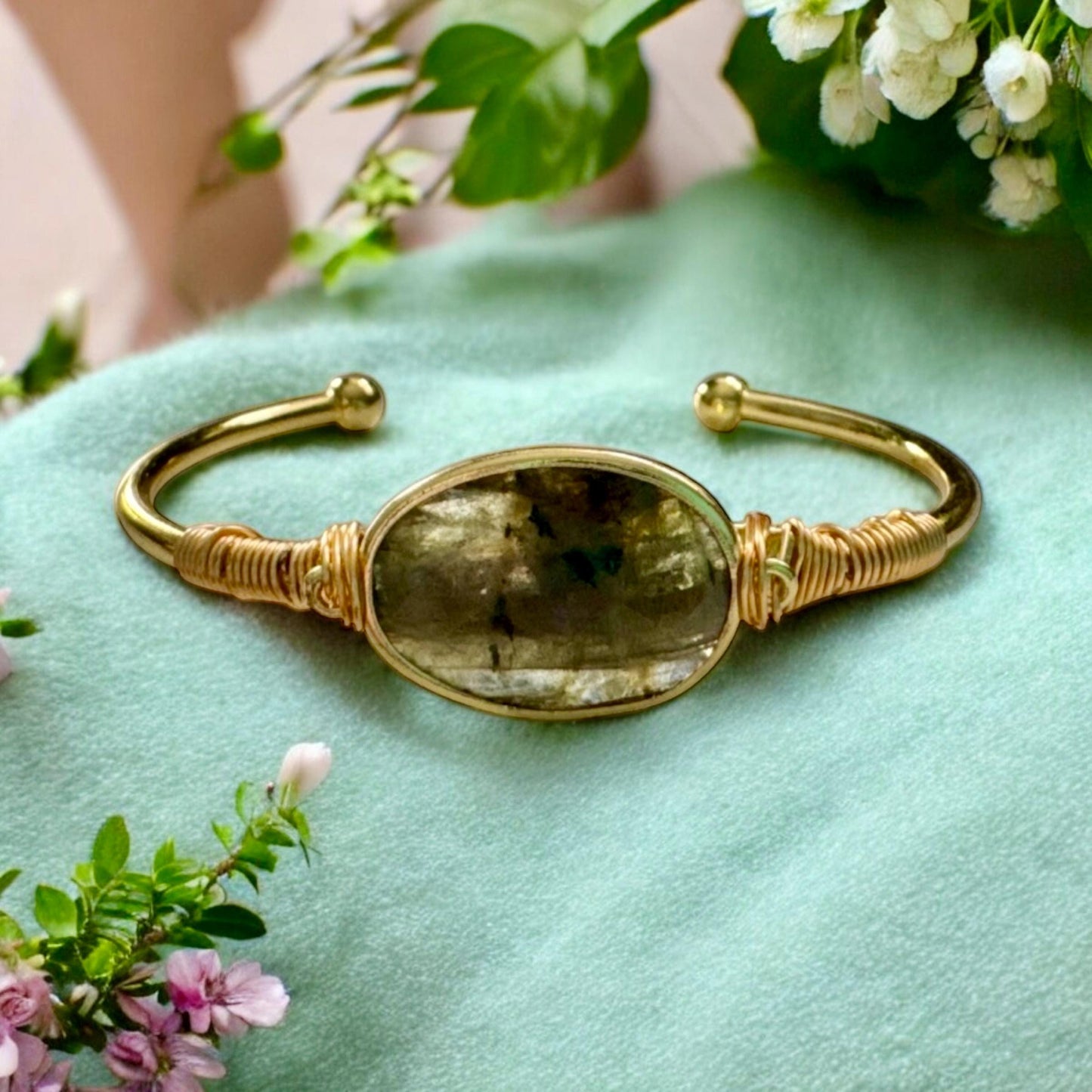 Labradorite Cuff Bangle: Crystal Healing Bangle. Handmade and Gold Plated