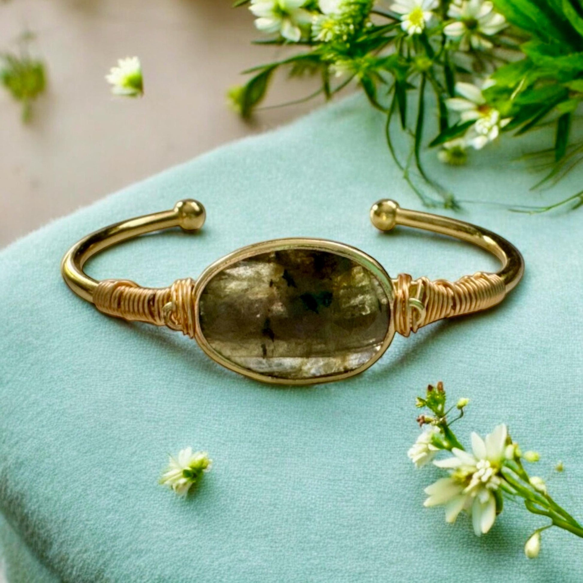 Labradorite Cuff Bangle: Crystal Healing Bangle. Handmade and Gold Plated