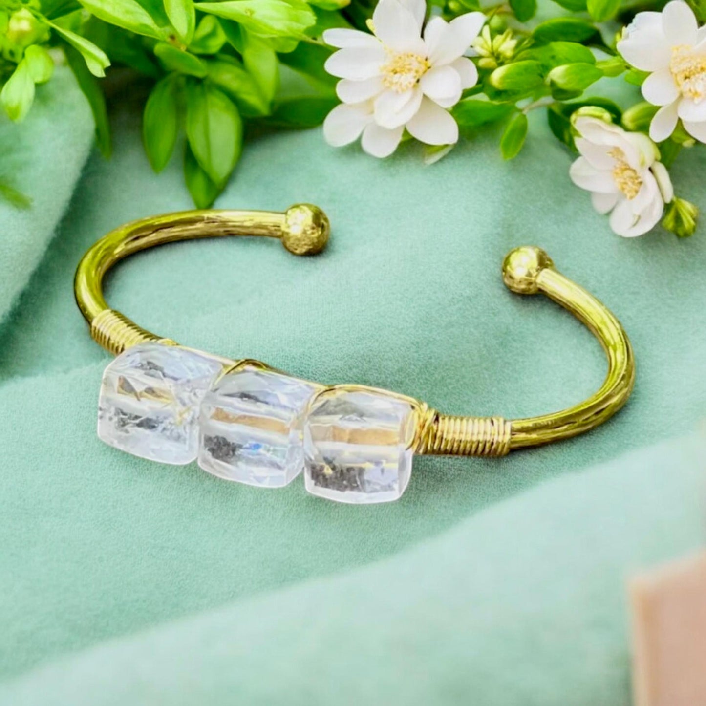 Handmade Gold Plated Quartz Cube Cuff Bangle - Crystal Healing