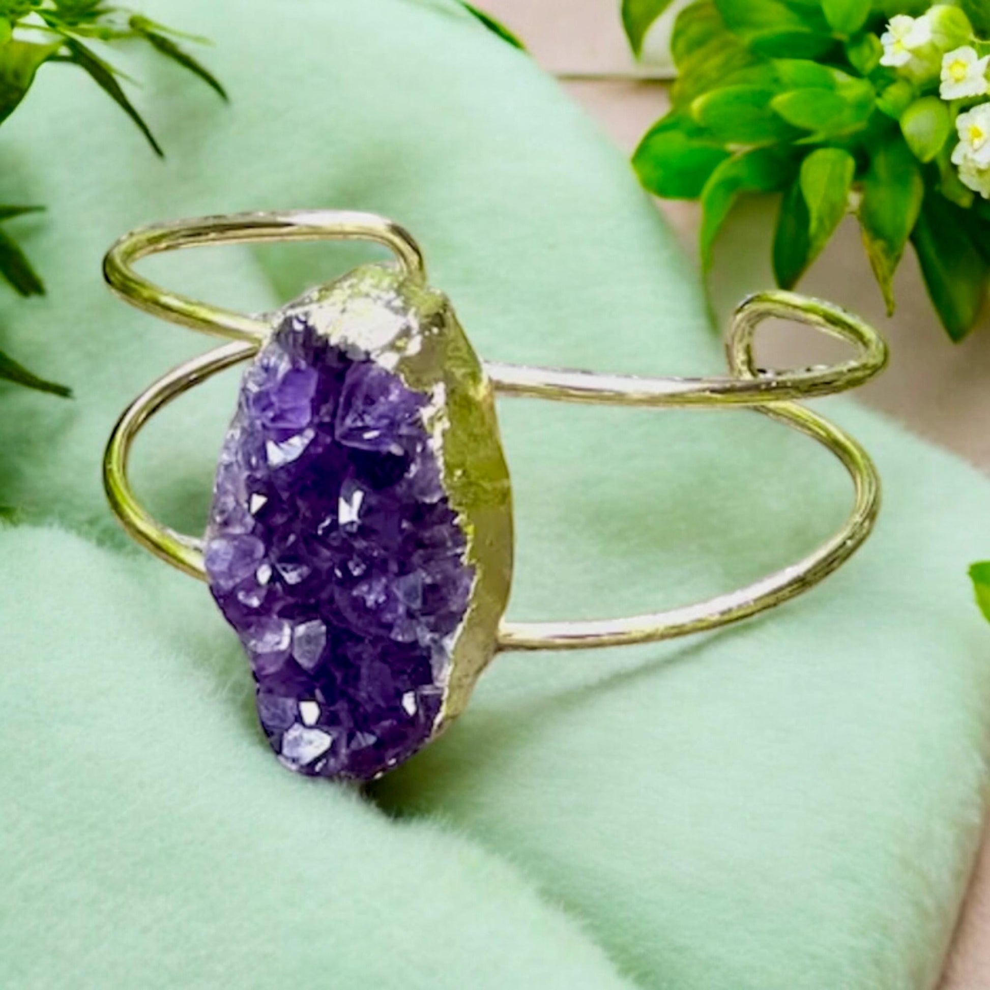 Handmade Gold Plated Amethyst Druzy Cuff Bangle: Crystal Healing Jewelry