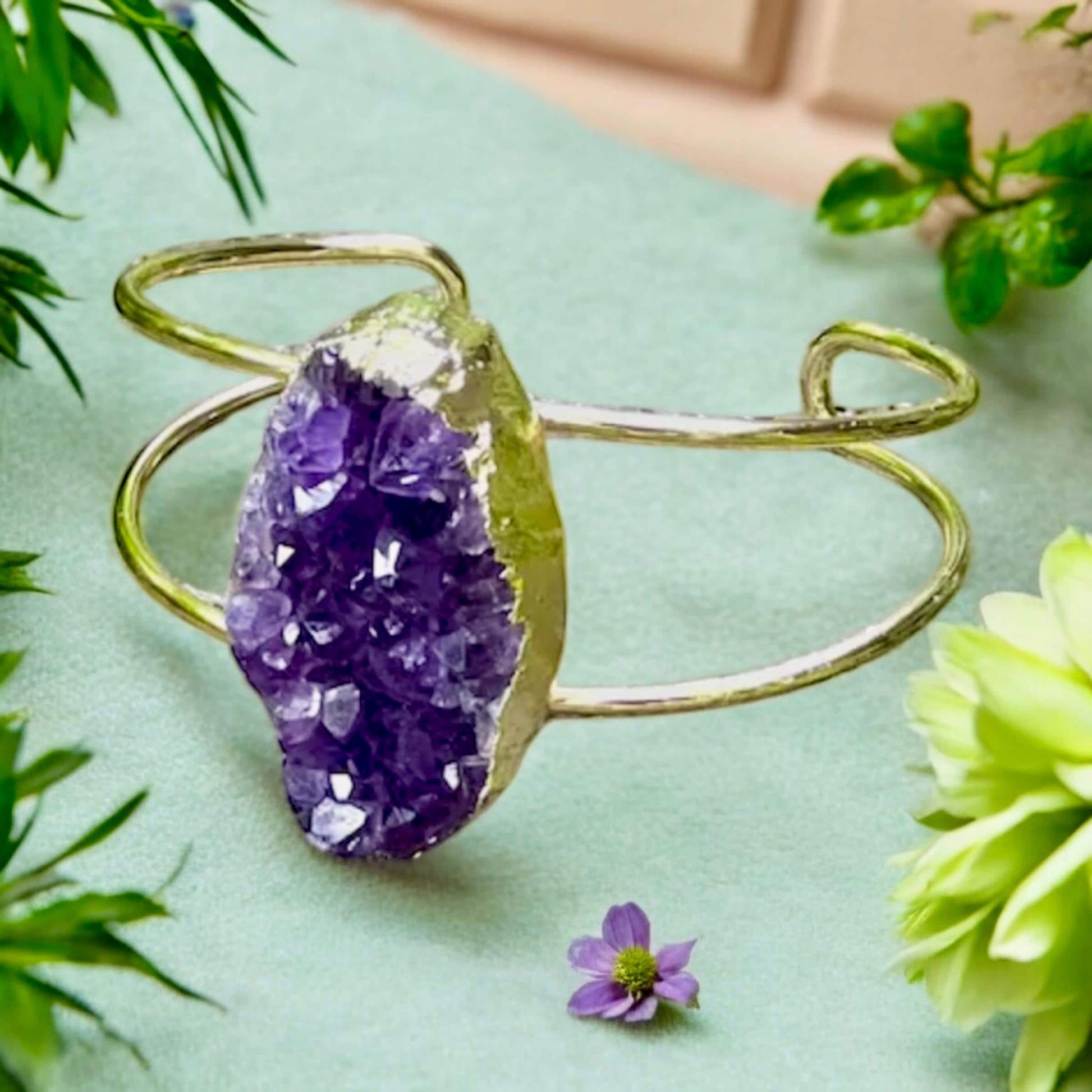 Handmade Gold Plated Amethyst Druzy Cuff Bangle: Crystal Healing Jewelry