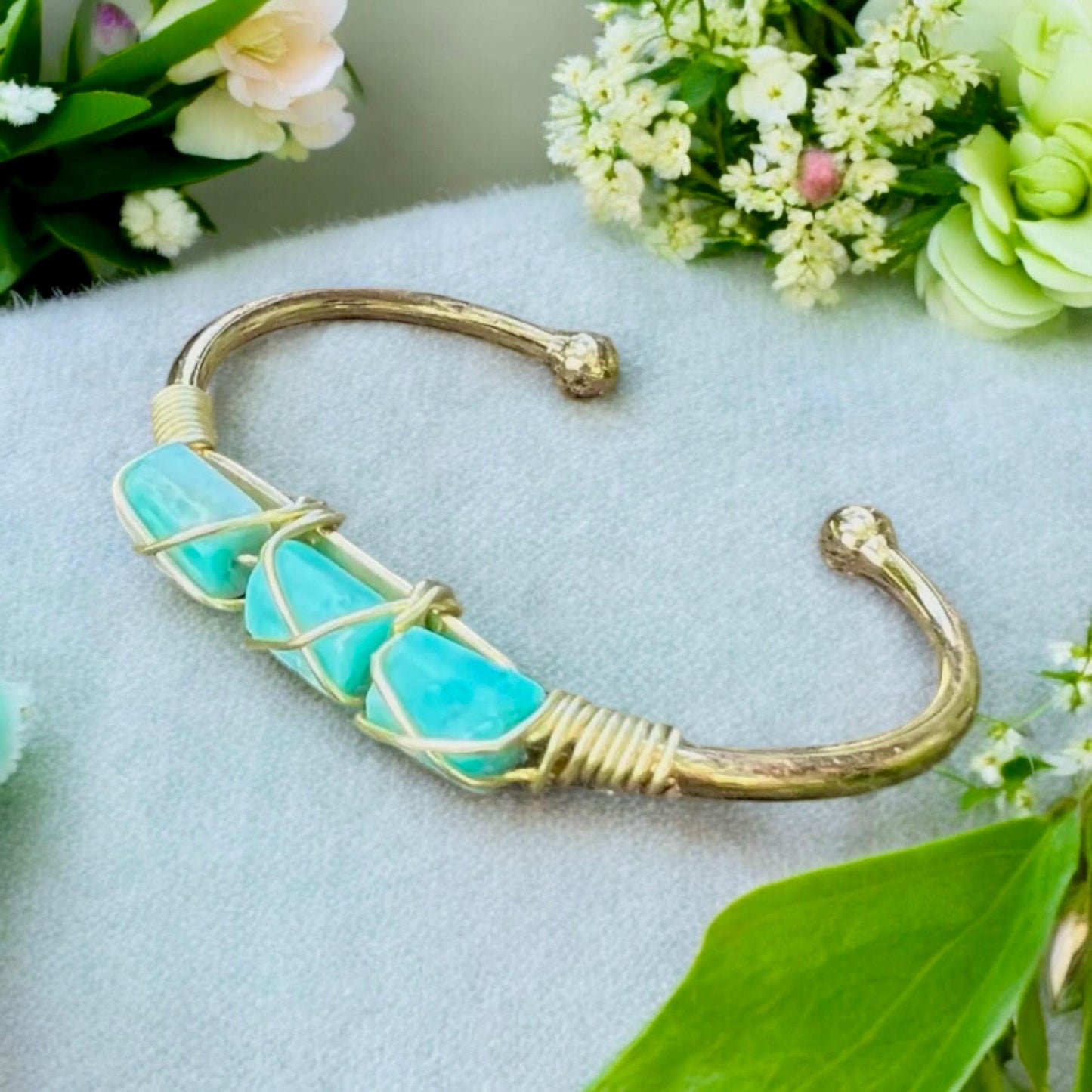 Handmade Gold Plated Amazonite Cuff Bangle: Crystal Bracelet