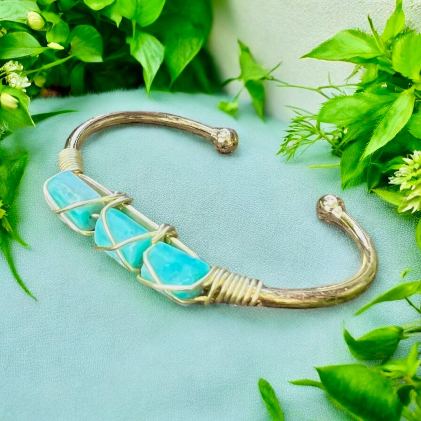 Handmade Gold Plated Amazonite Cuff Bangle: Crystal Bracelet