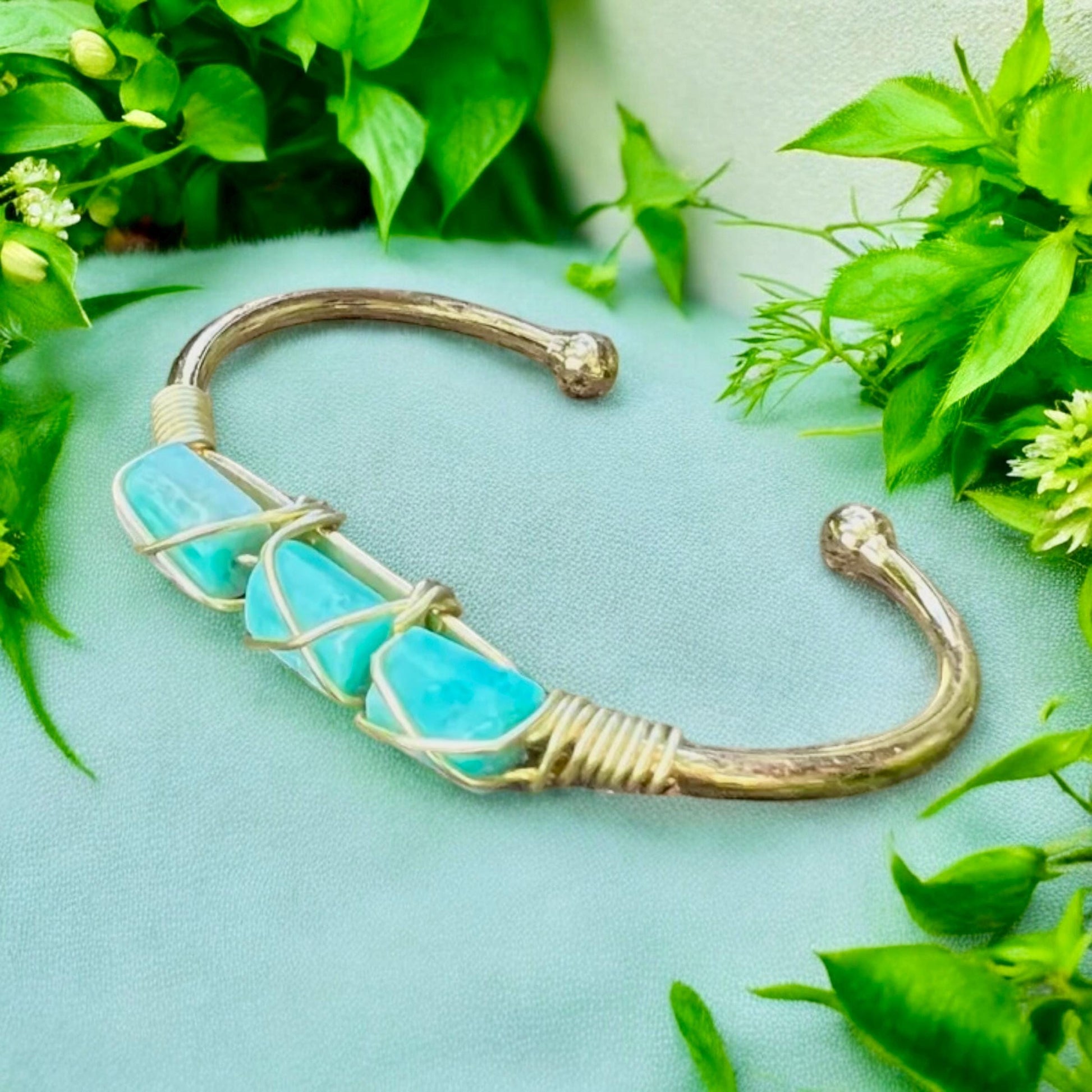 Handmade Gold Plated Amazonite Cuff Bangle: Crystal Bracelet