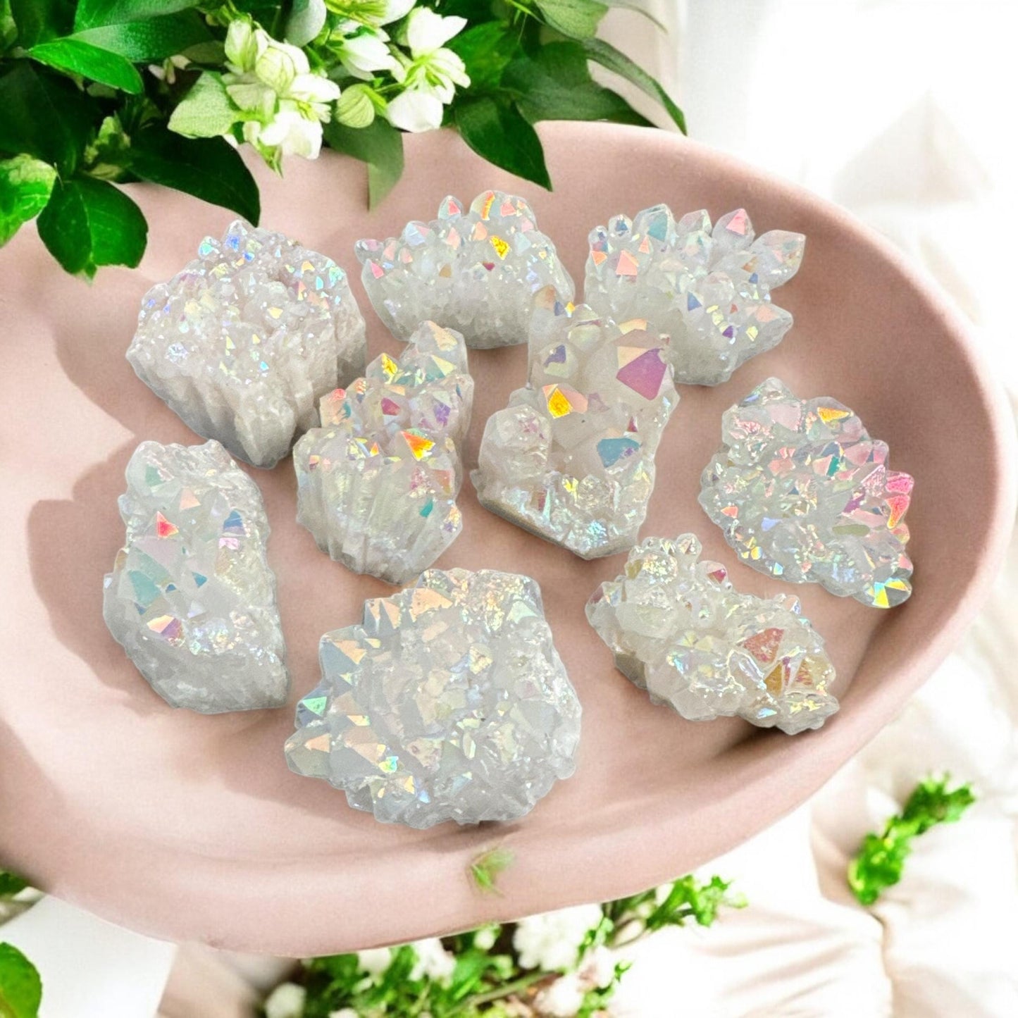 Angel Aura White Quartz Cluster: Iridescent Crystal Healing