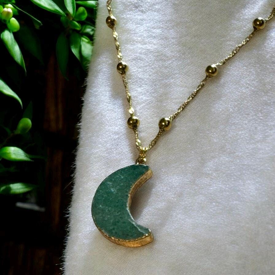 Green Aventurine Crescent Moon Pendant: Gold-Plated Healing Crystal Necklace
