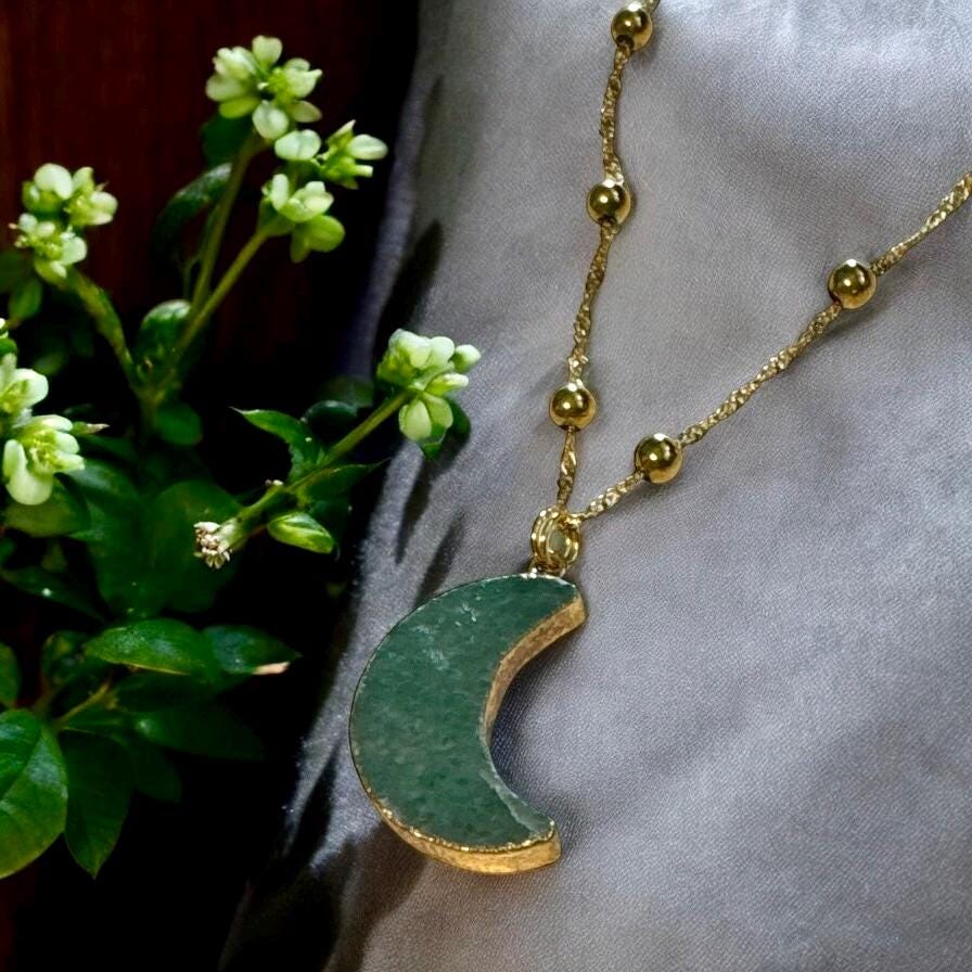 Green Aventurine Crescent Moon Pendant: Gold-Plated Healing Crystal Necklace