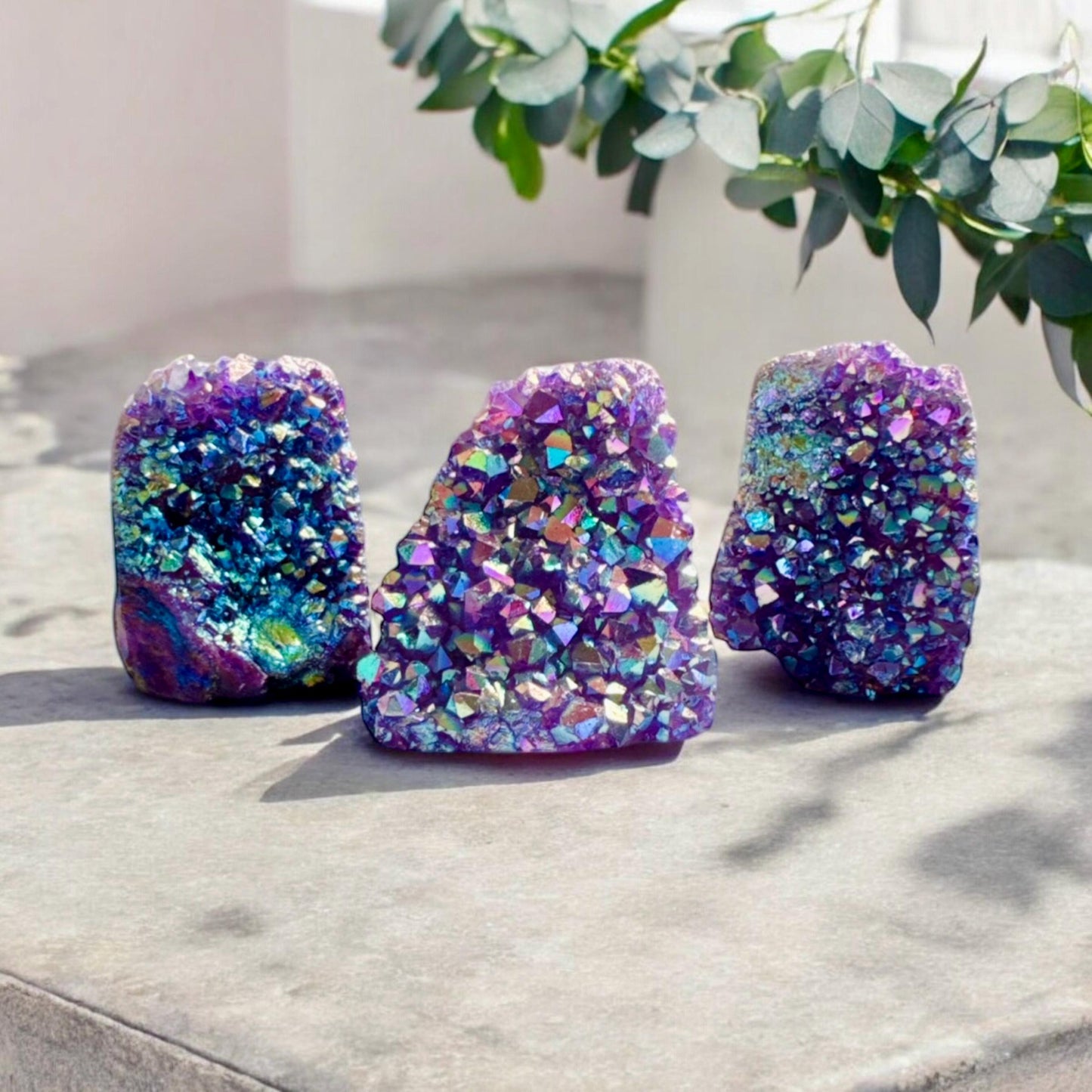 Purple Galaxy Aura Amethyst Cluster: Cosmic Beauty Cut Base