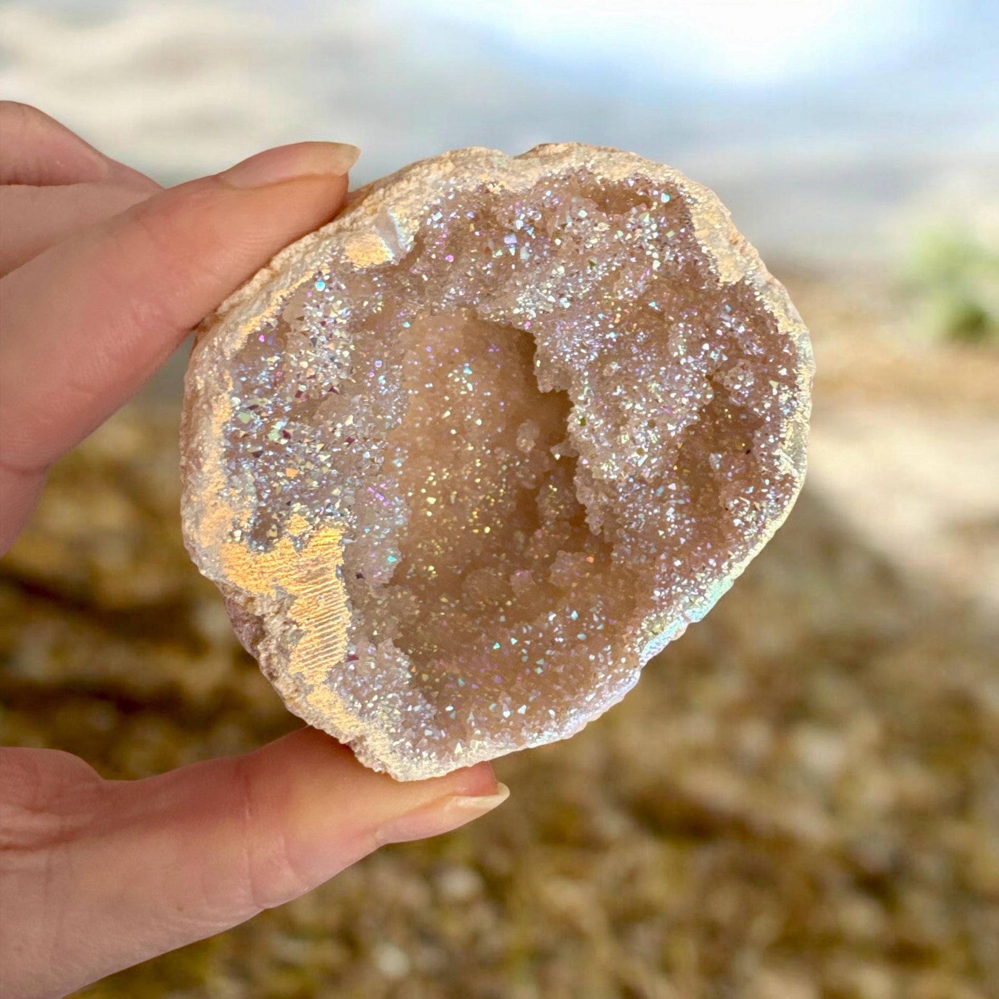 Angel Aura Quartz Geode Half: Celestial Crystal Gift